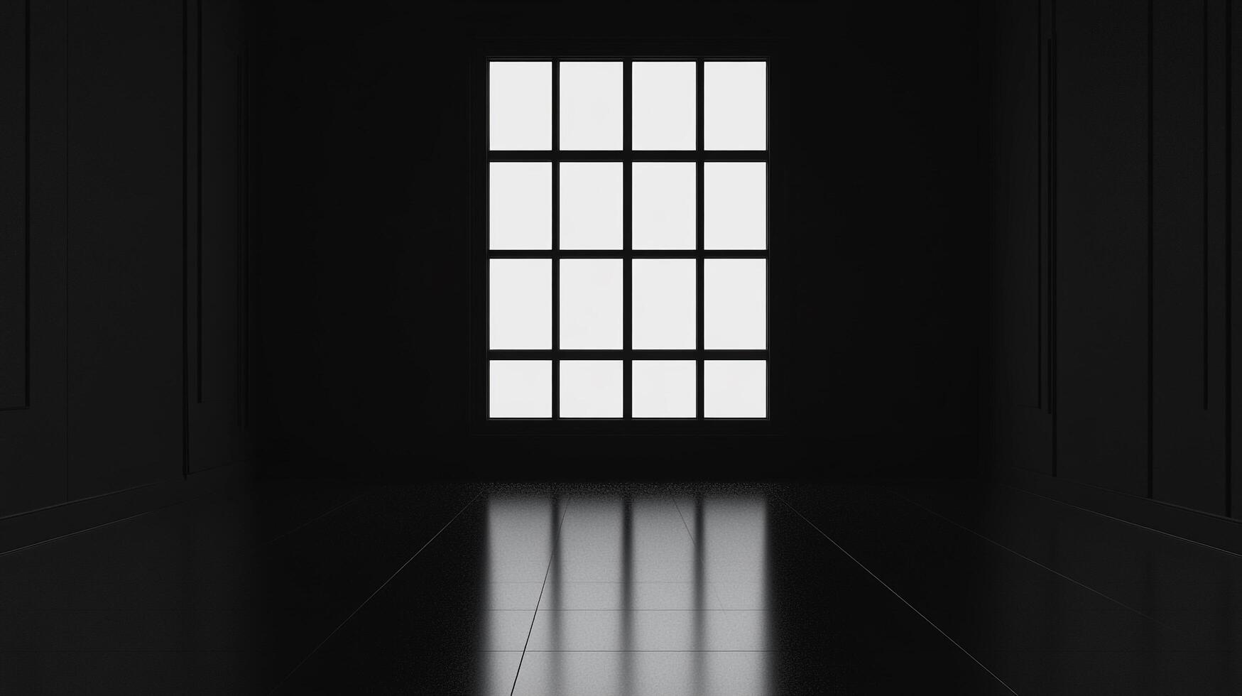 Abstract view of a dark corridor with light emanating from a distant grid-patterned window illuminating the reflective floor. photo