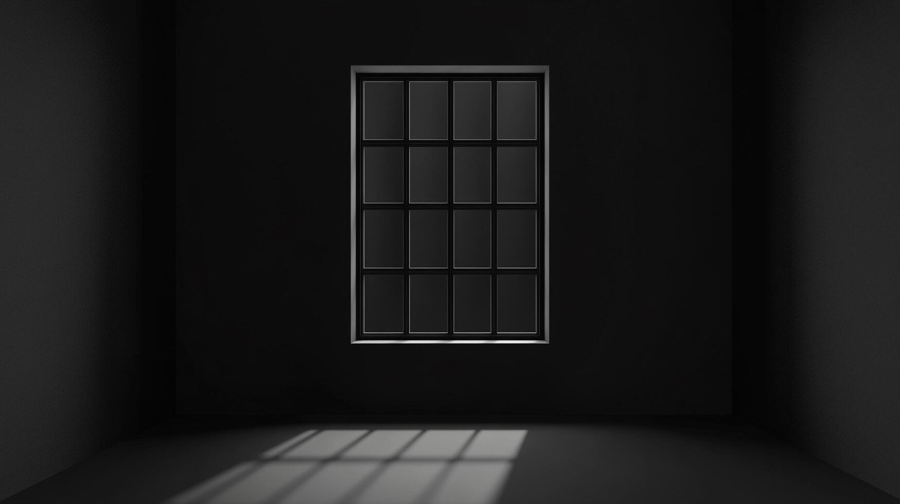 A minimalist black room is illuminated by soft light streaming through a window, creating contrast and depth in the simple architecture. photo