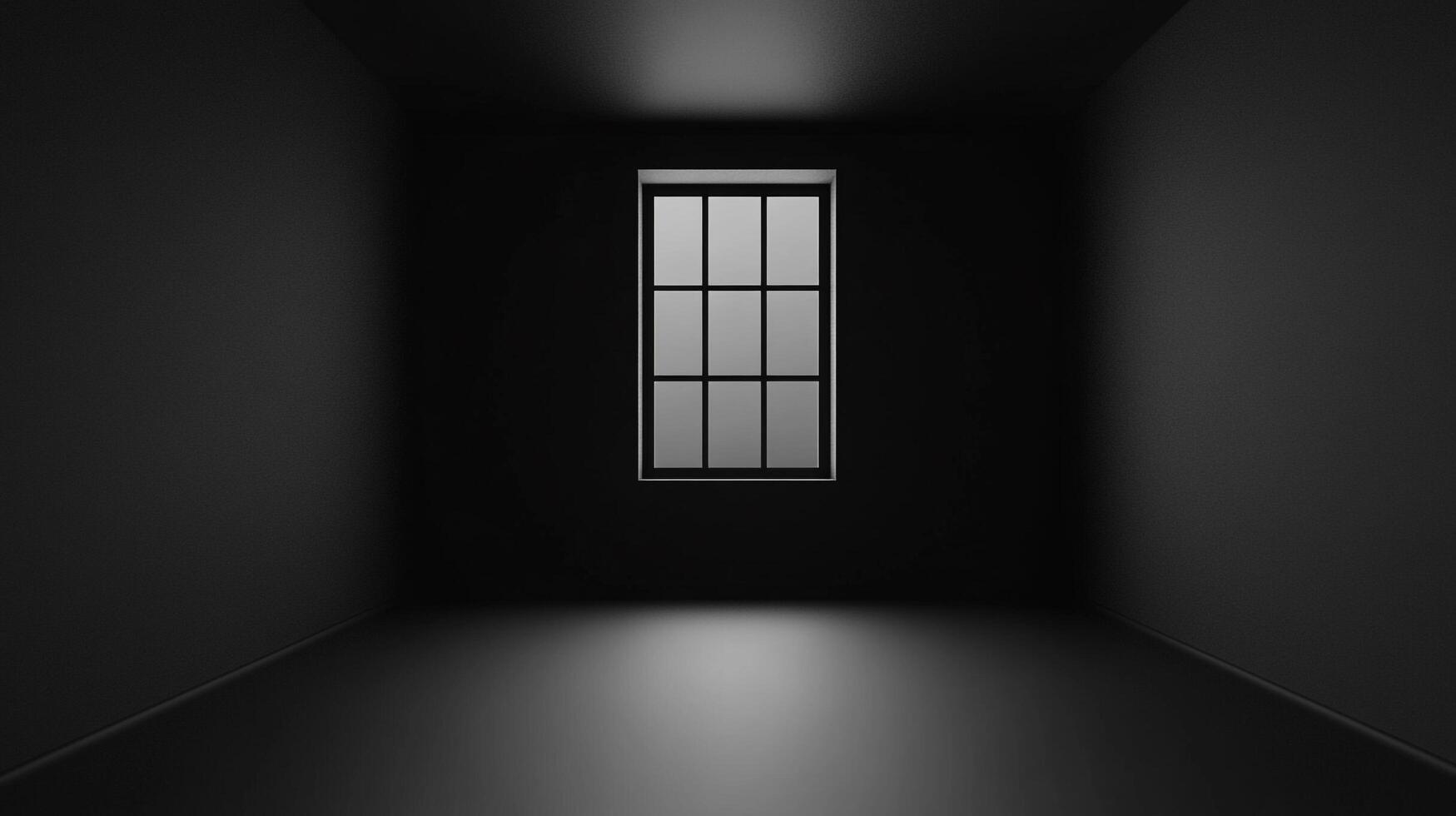 A dark room with a single window provides a stark contrast, highlighting the interplay of light and shadow in a minimalist setting. photo