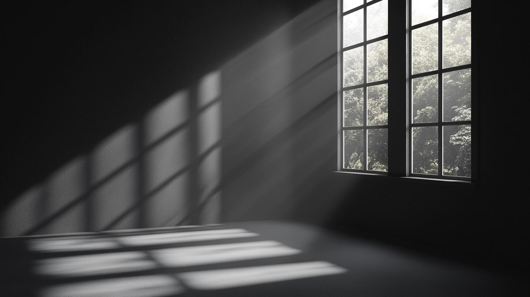 Sunlight streams through a window illuminating a darkened room, casting shadows and creating contrast between light and shade. photo