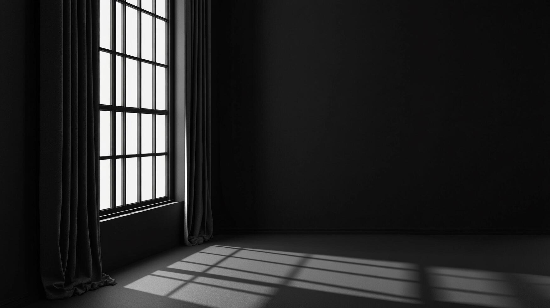 Monochromatic minimalist interior featuring a large window and long curtains, with sunlight streaming in to illuminate the dark space. photo