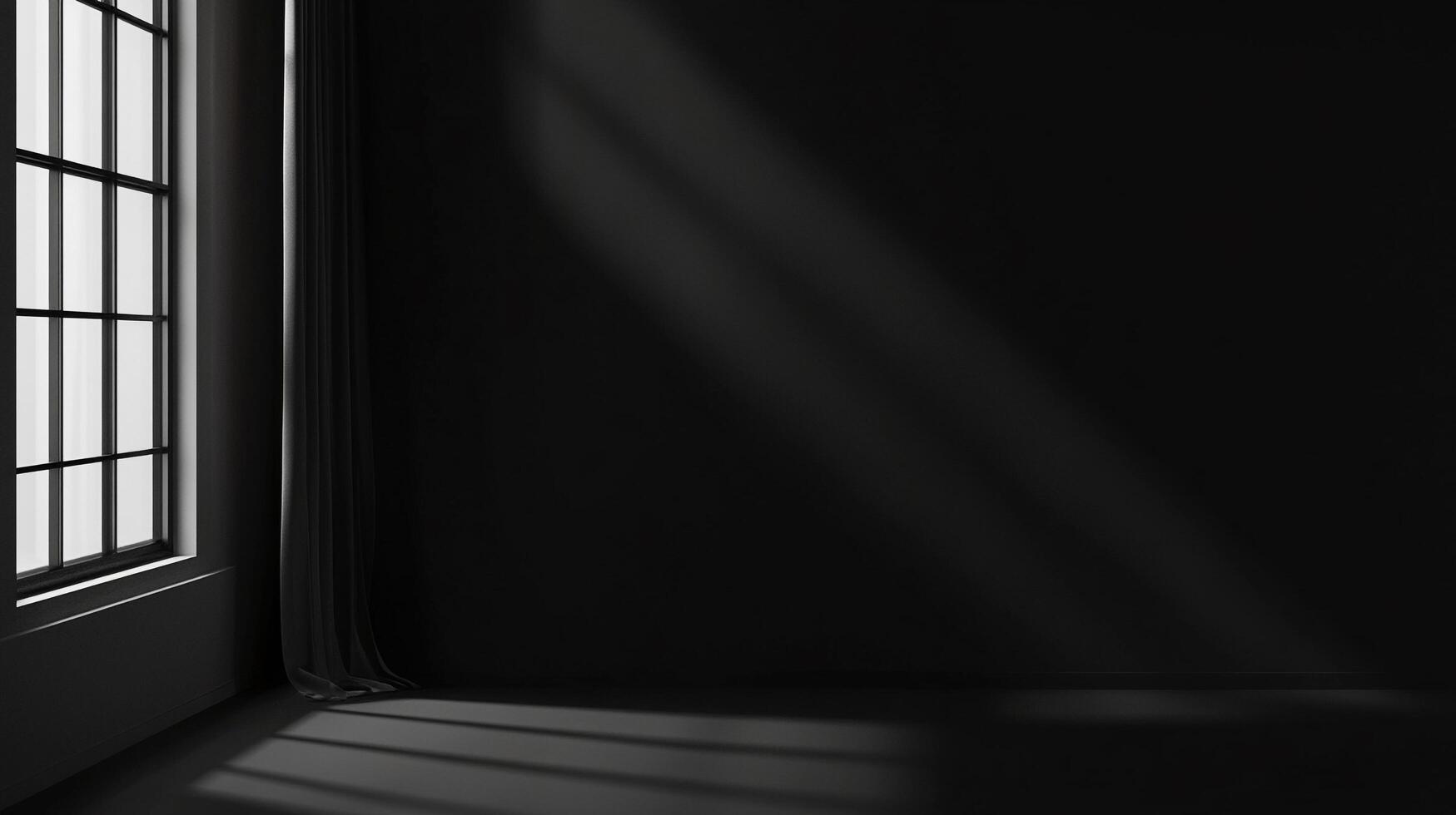 Monochromatic interior showcasing a light-filled window casting shadows across a dark room. The soft curtain adds texture to the scene. photo