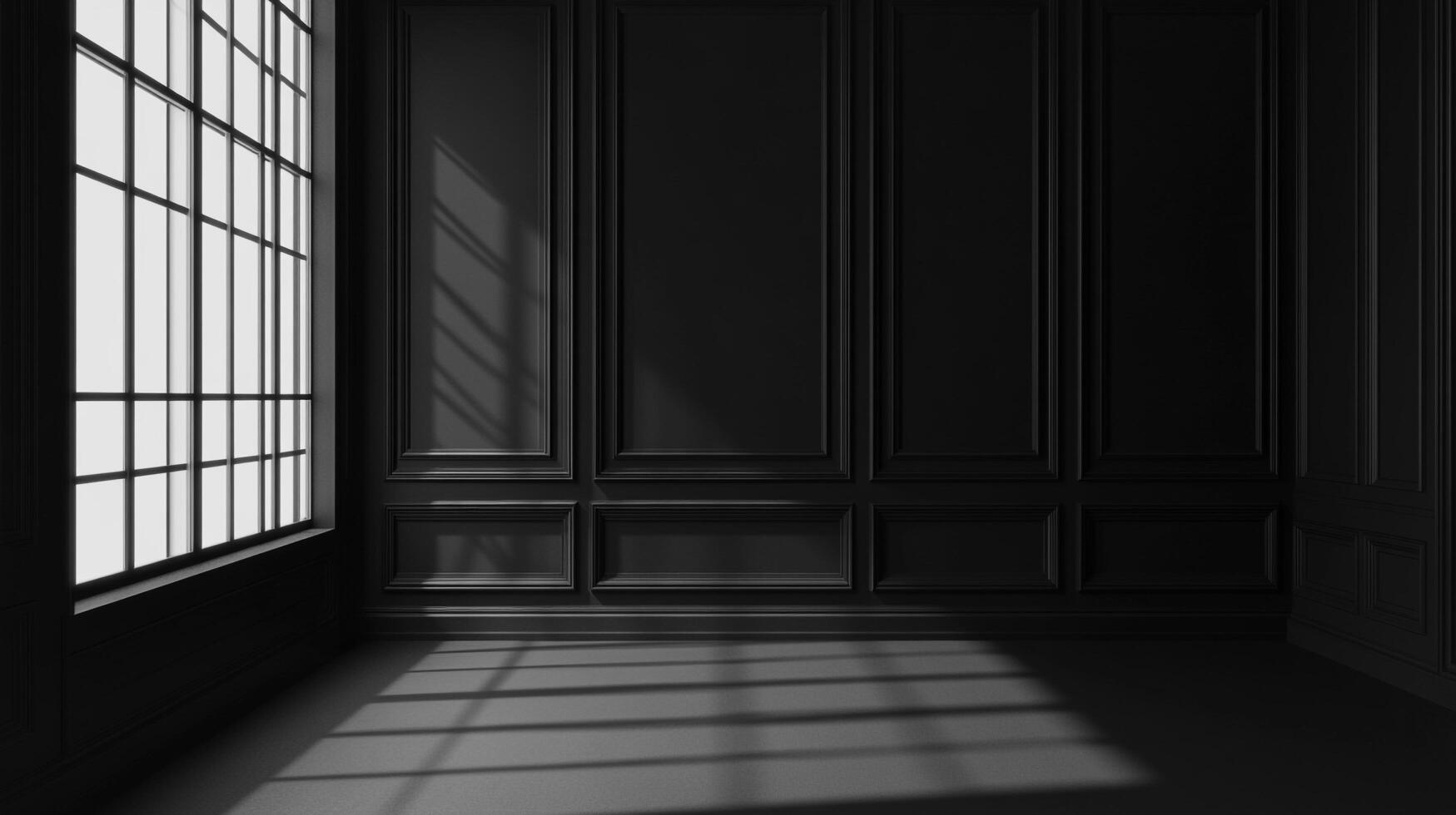 A monochromatic interior featuring a window casting shadows across paneled walls, creating a stark and modern architectural scene. photo