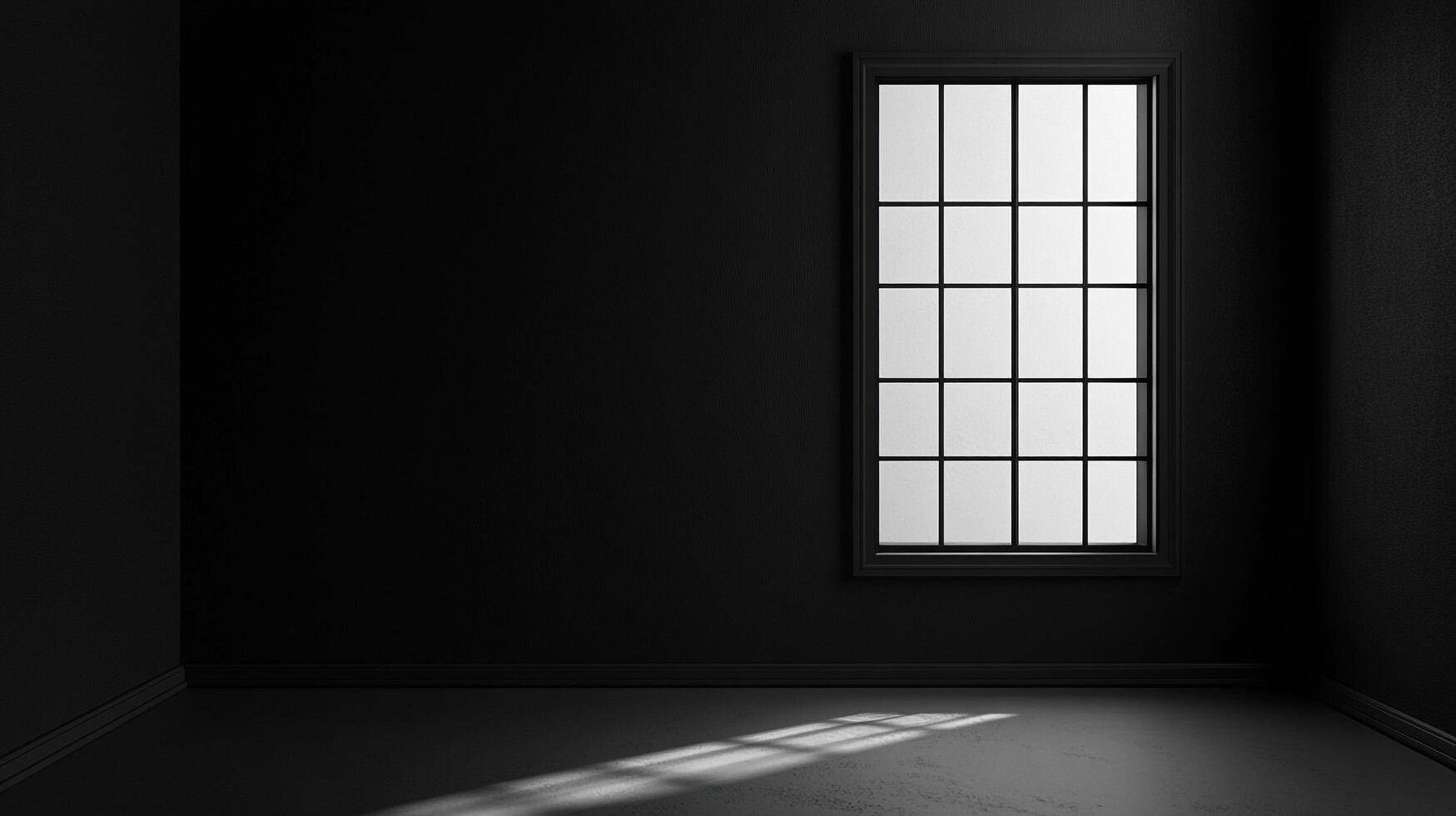 A stark, monochromatic scene featuring a window casting a single beam of light onto a dark floor, emphasizing simplicity and contrast. photo