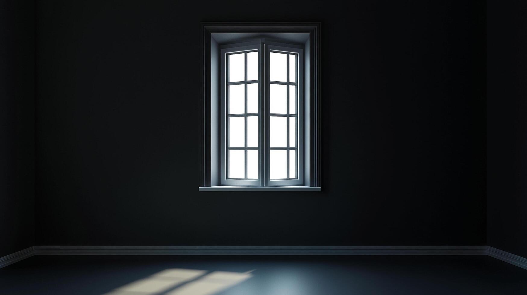 Minimalist interior with a dark wall and an open, multi-paned window letting in soft light. The floor reflects the illumination. photo