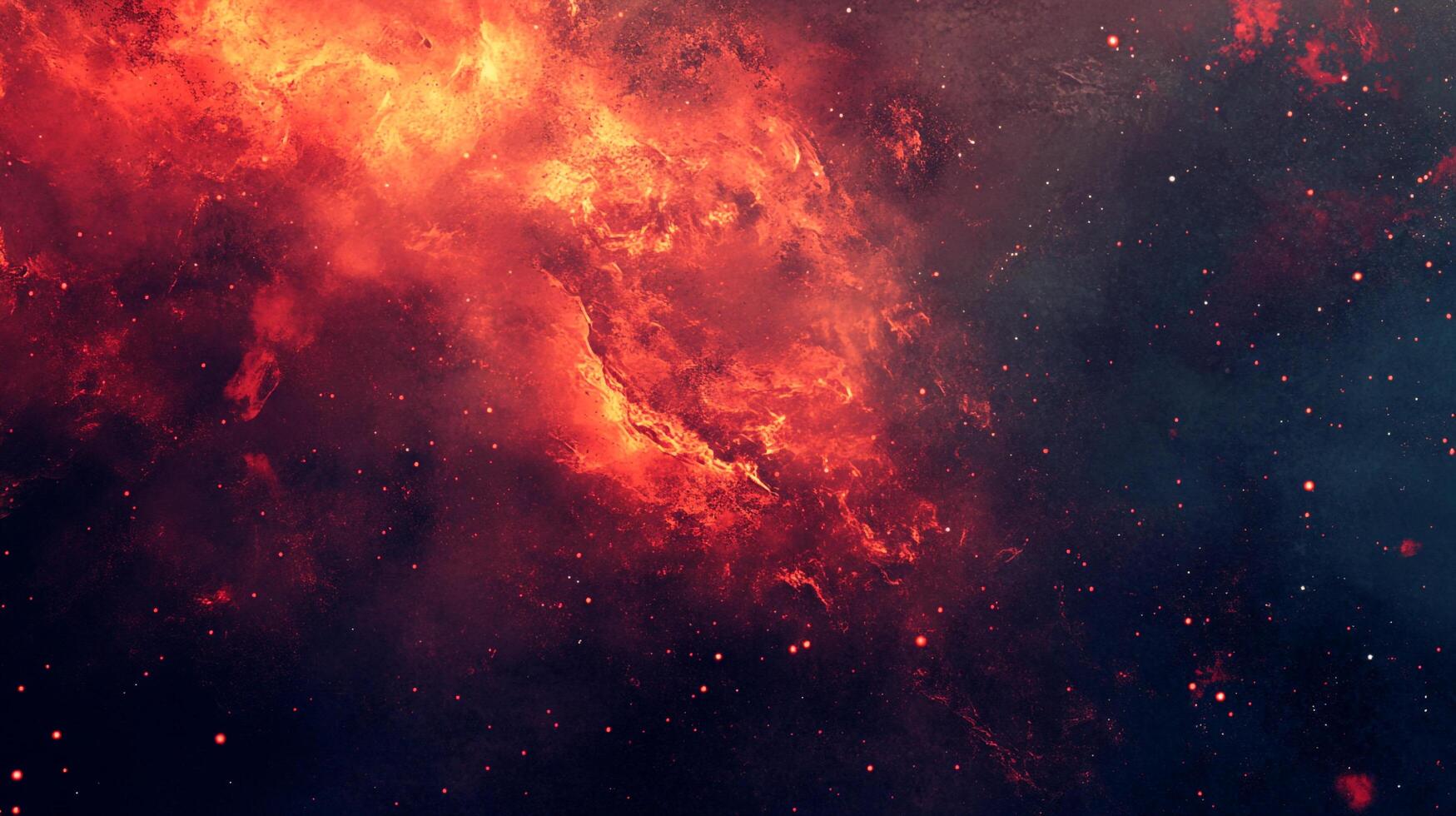 Fiery cosmic cloud of red and orange expands through dark space speckled with stars, evoking celestial creation and destruction. photo