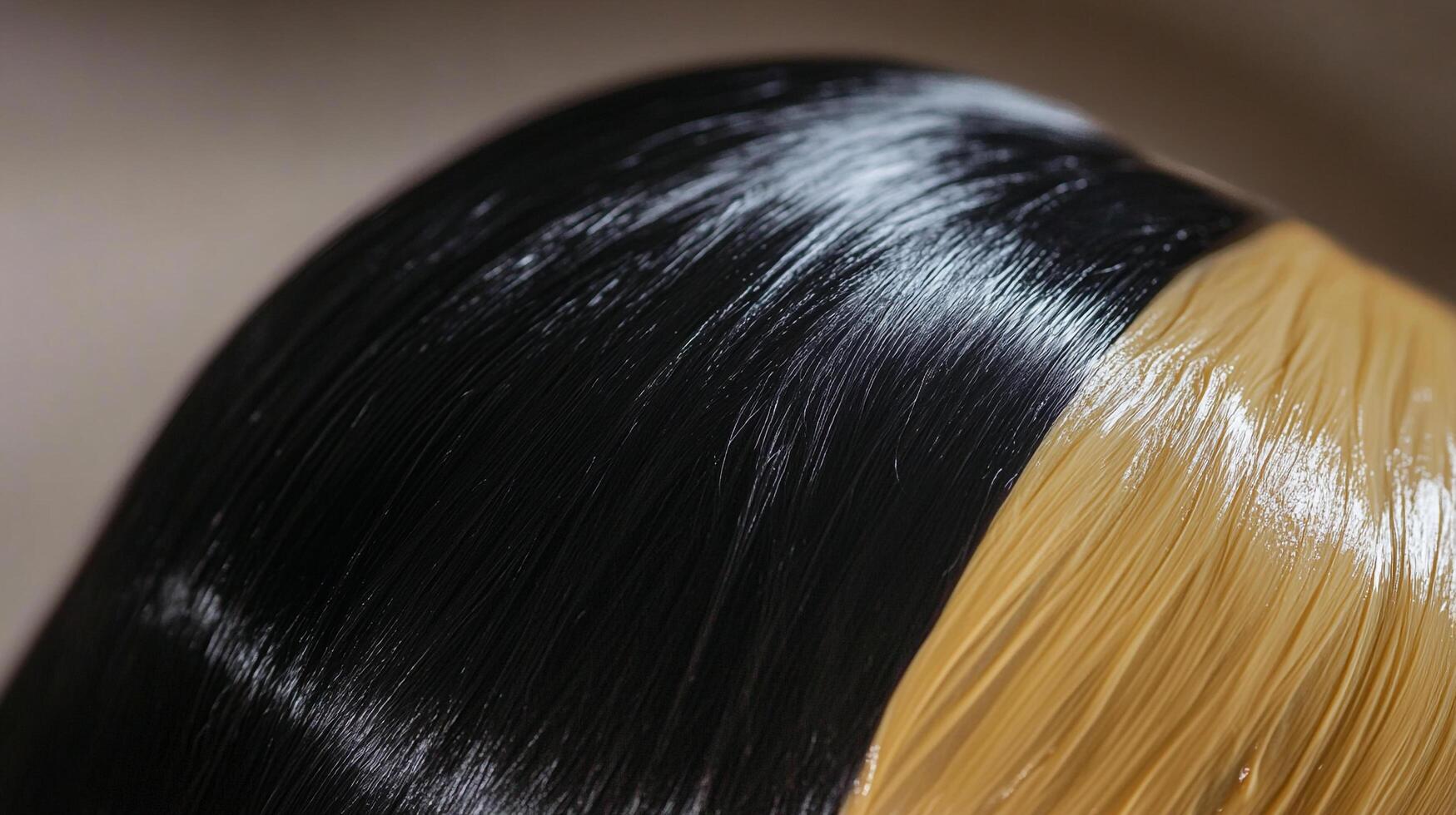 Close-up shot showcasing the texture and color contrast of black and blonde hair, highlighting sleekness and vibrancy in each strand. photo