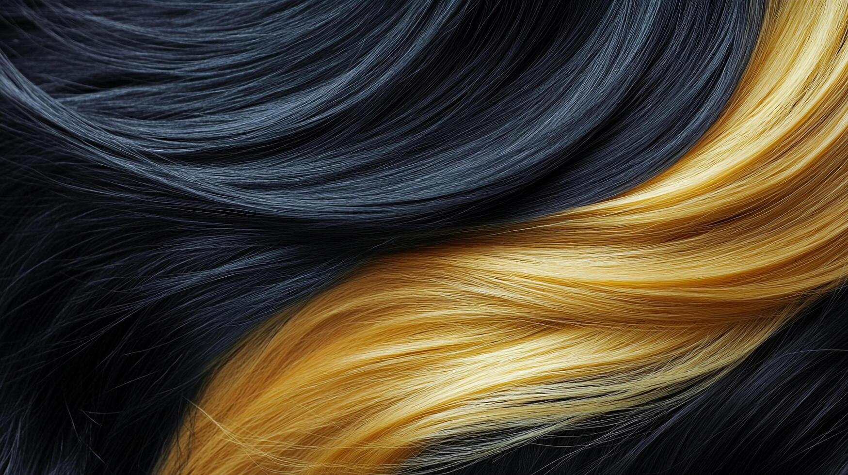 Contrasting hair colors flowing together. Dynamic strands of dark and golden shades create movement and unique style expression in this image. photo