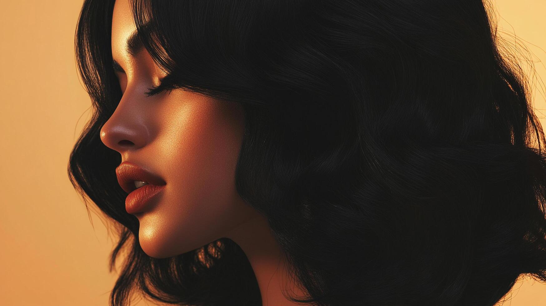 Elegant woman with dark, wavy hair and glowing skin, presented in a warm, radiant light. Sophisticated beauty portrait. photo