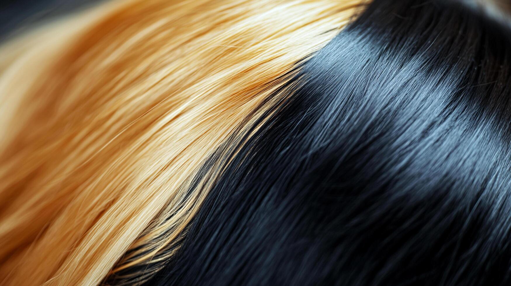Dramatic split of golden blonde and rich black hair, smooth and straight, creating stark color contrast in textured detail. photo