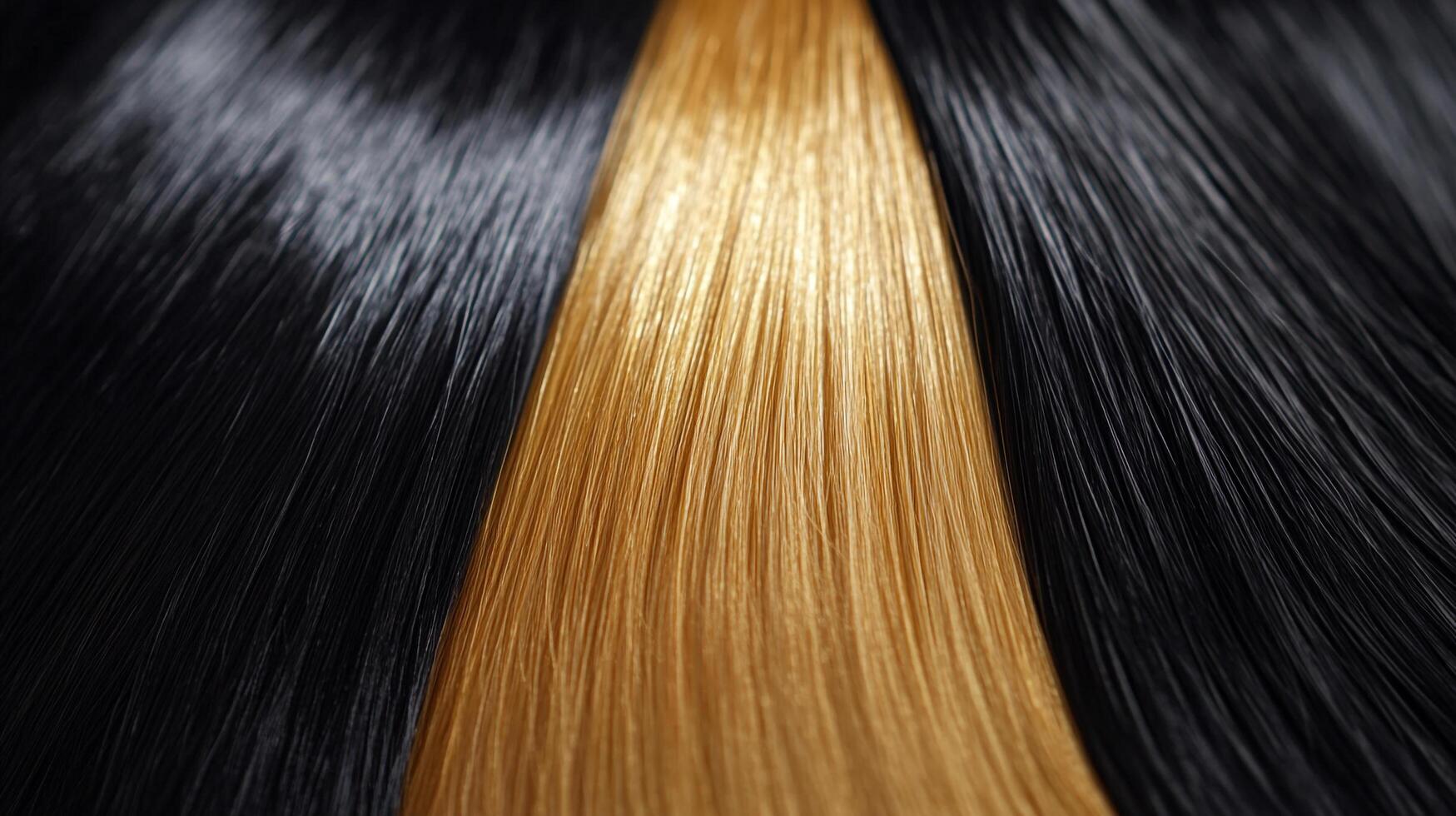 Hair strands of different colors laid side-by-side. The colors are black and blonde, creating a striking contrast and emphasizing the texture. photo