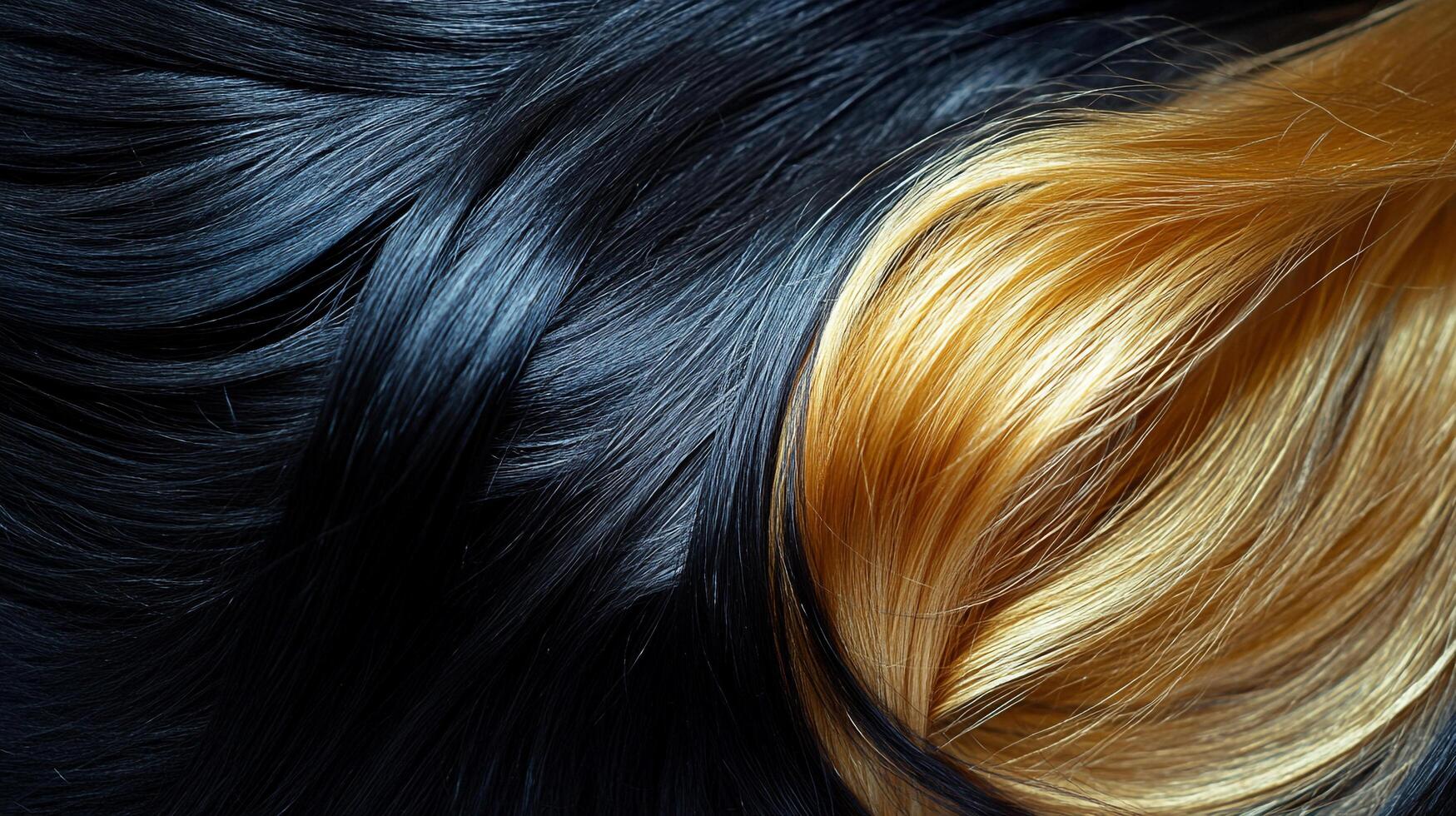 A striking blend of dark and golden tresses intertwine, showcasing a beautiful contrast and the artistry of hair coloring techniques. photo
