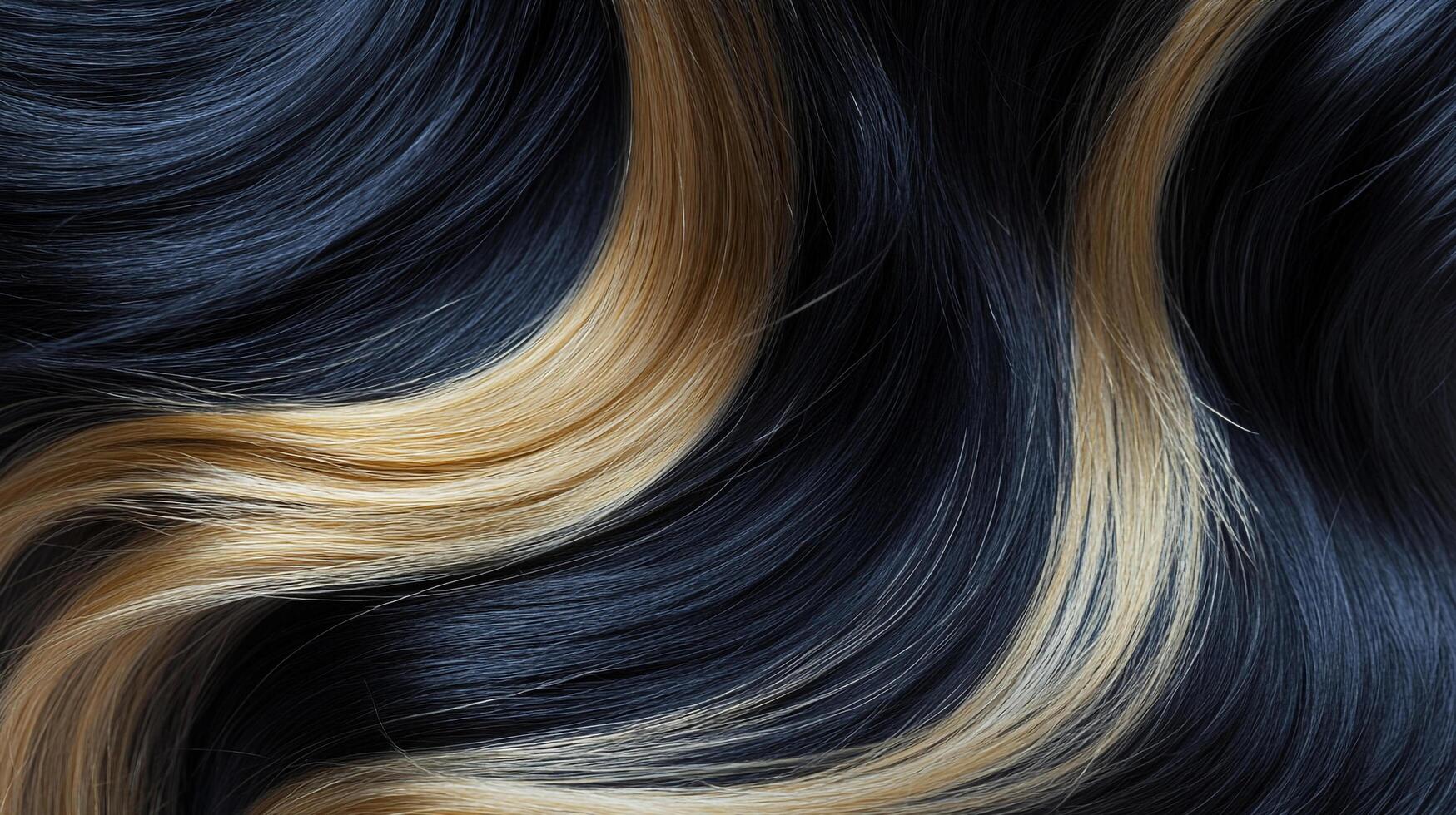 Wavy black hair with blonde highlights creates a striking contrast. The flowing strands showcase modern hairstyling and texture. photo