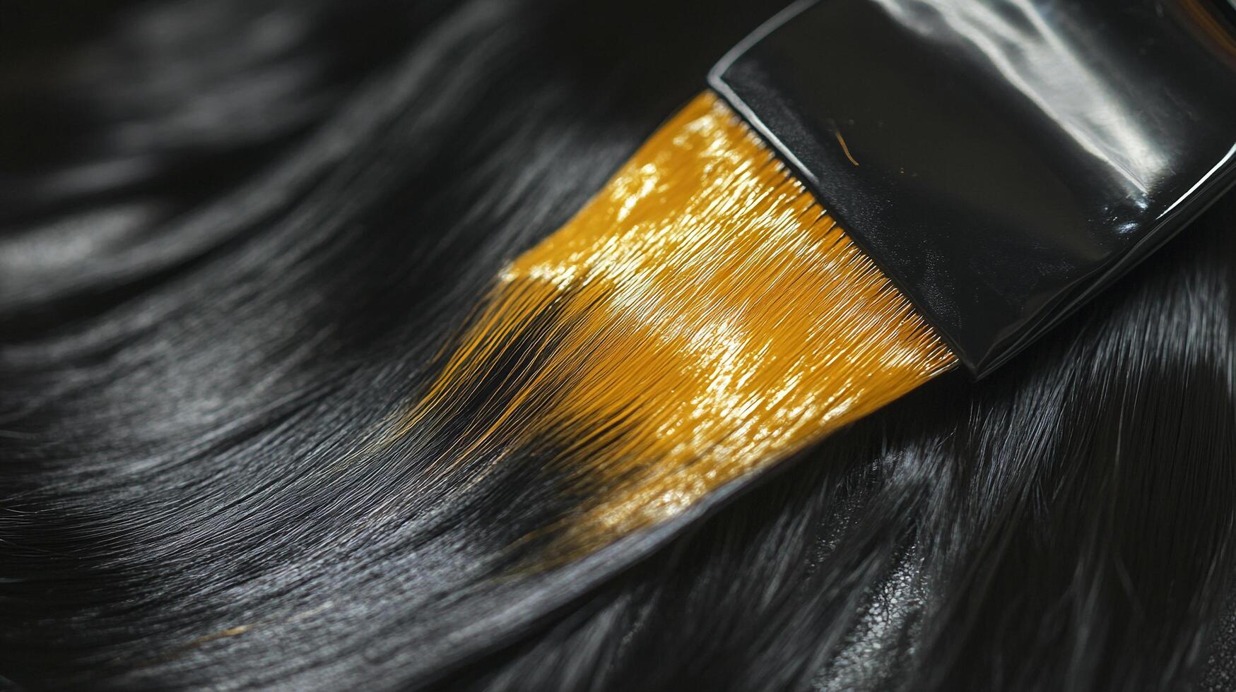 A close-up showcases a brush applying a vibrant golden color to sleek, dark hair, highlighting the strands for a dynamic contrast. photo