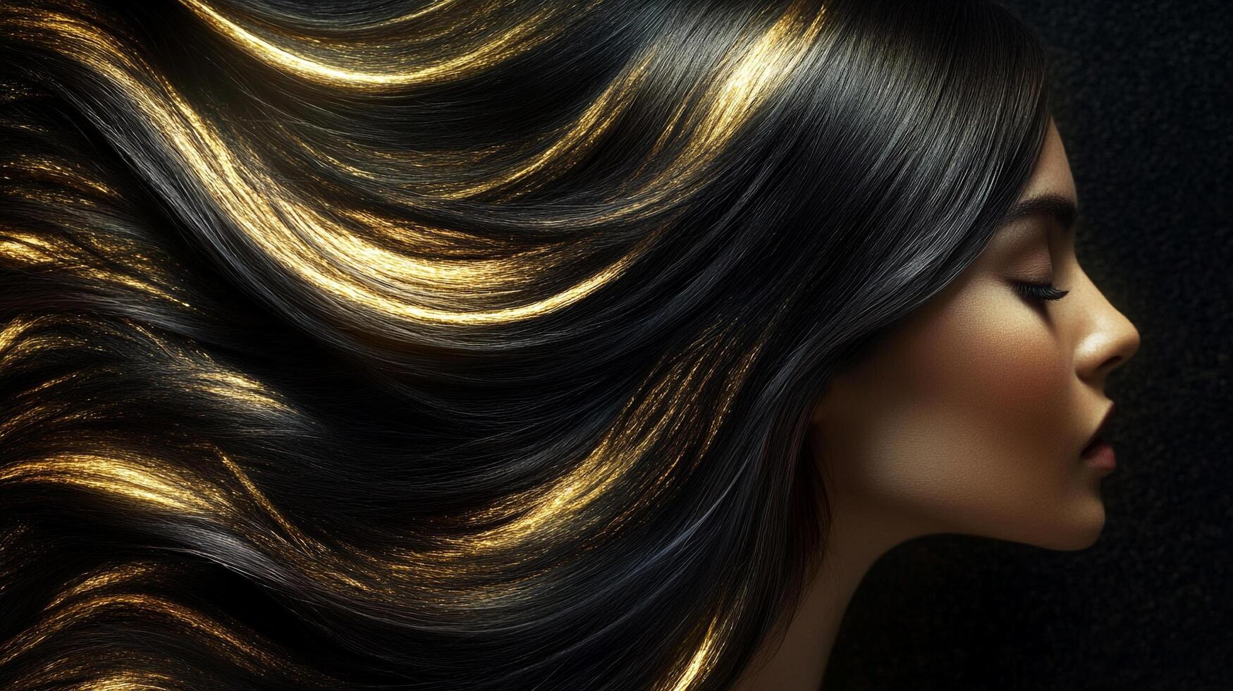 Elegant woman with long, dark flowing hair highlighted with shimmering gold streaks, exuding glamour and style in a dark setting. photo