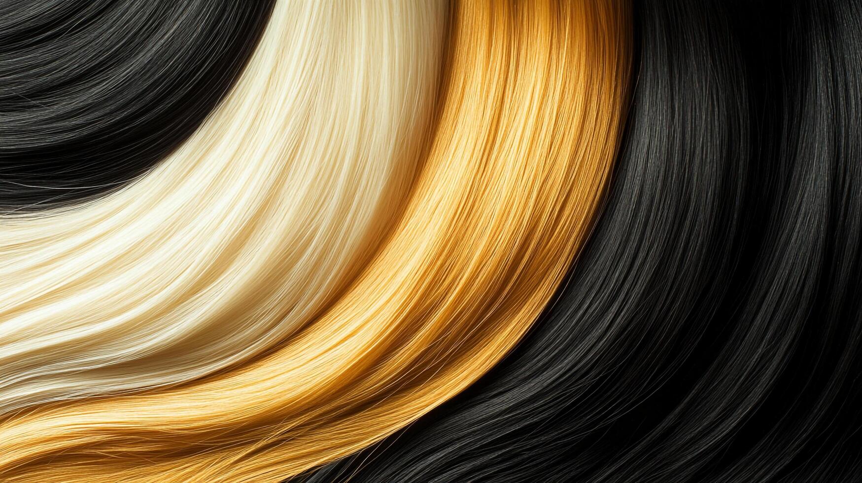 Strands of black, blond, and brown hair arranged smoothly. Perfect for showcasing hair dye options, or hair care products. photo
