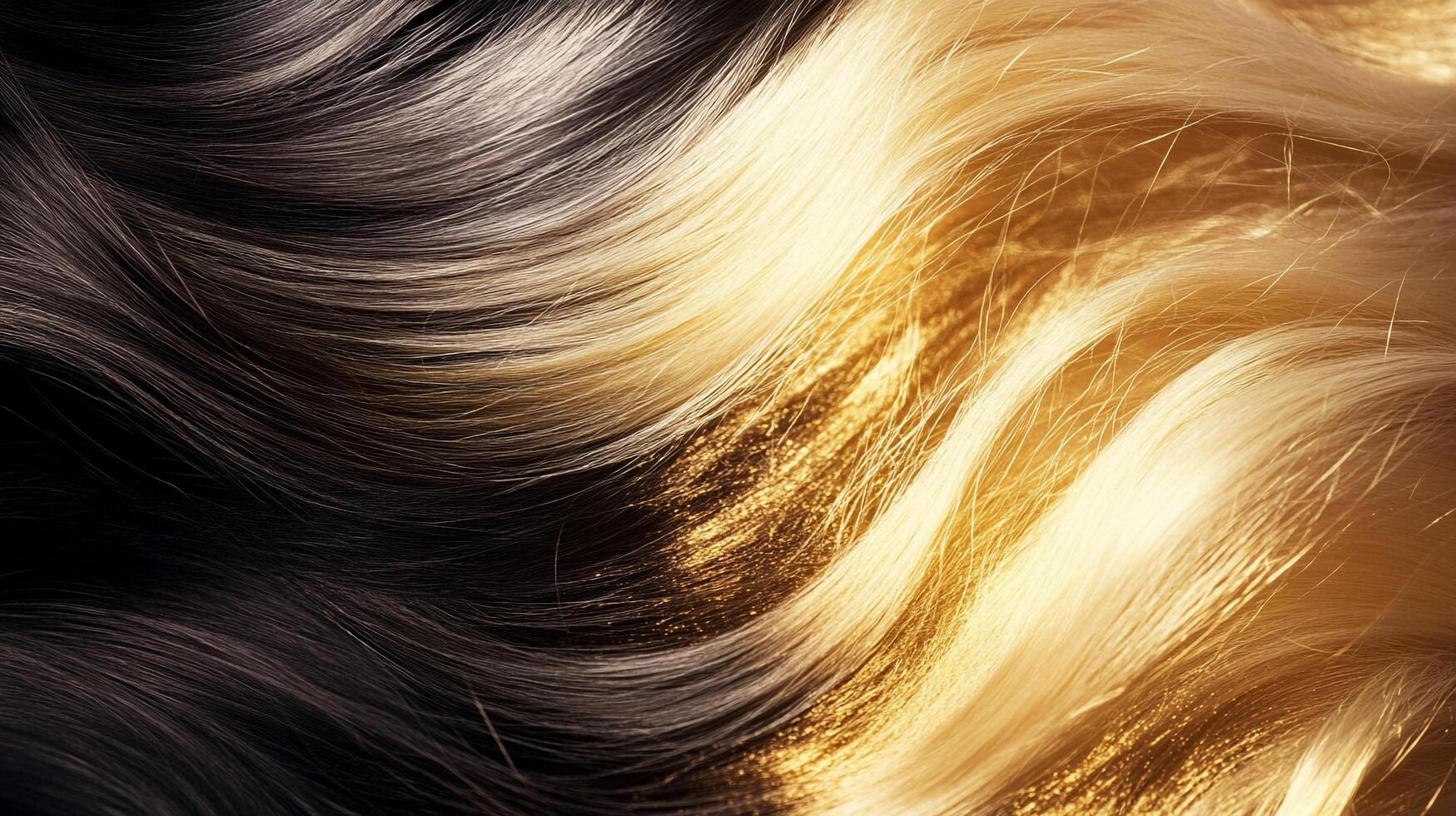 Close-up of flowing, wavy hair transitioning from dark to light blonde. The highlights and shadows accentuate the texture. photo