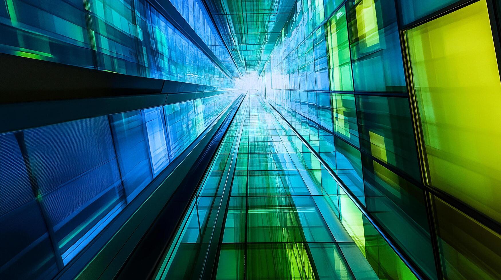 Abstract view up a modern building exterior of tinted glass windows in green, blue, and yellow reaching up to the sky. photo