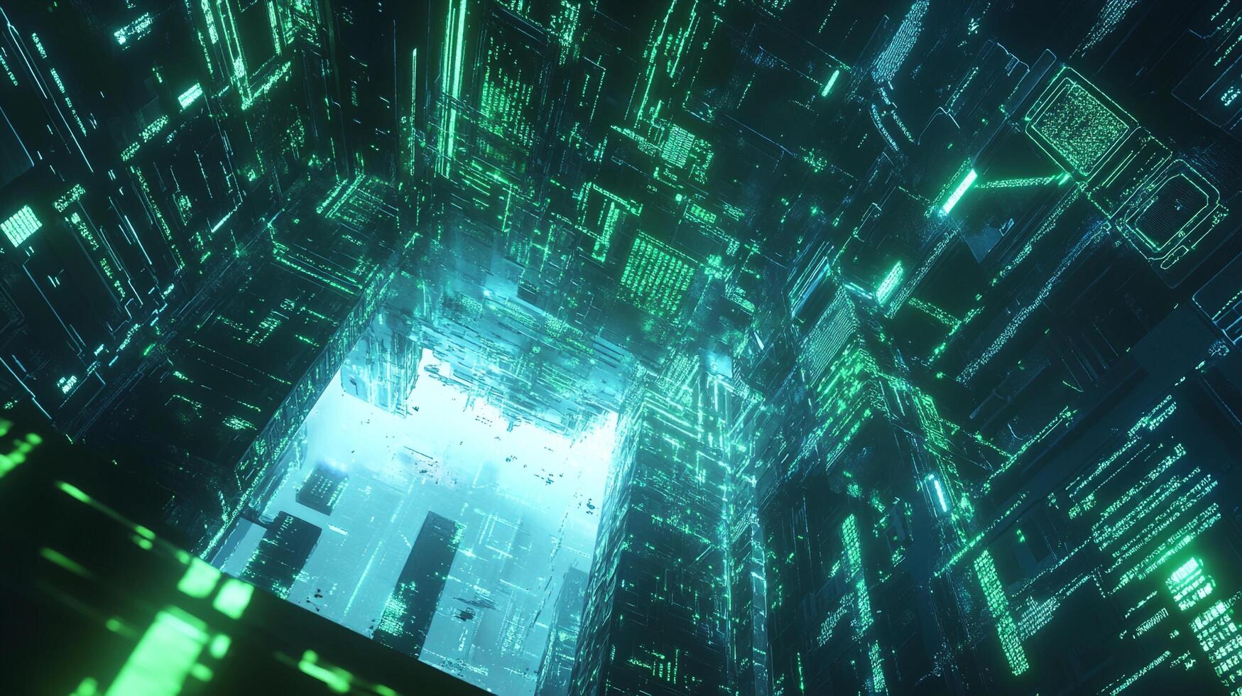 Futuristic city with digital, glowing structures, hinting at a high-tech, urban landscape. Neon lights accentuate abstract design. photo