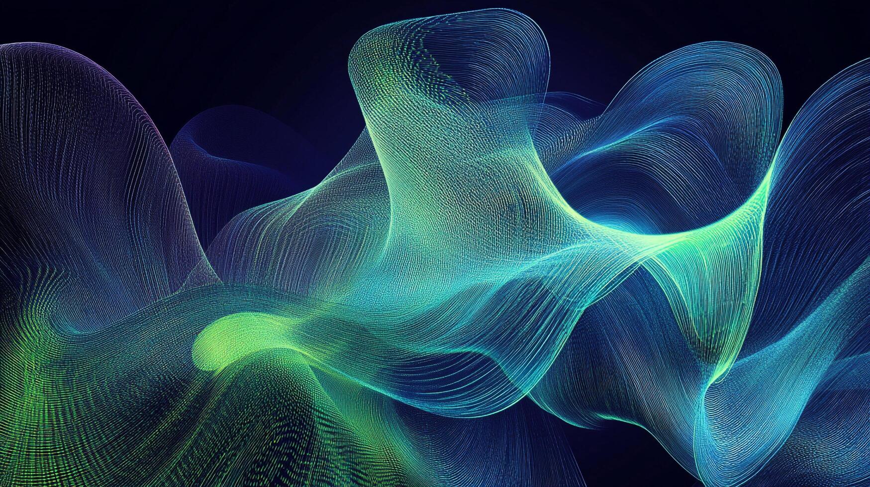 Abstract waves of digital lines flowing with blue and green gradient colors against a dark background create a sense of movement and depth. photo