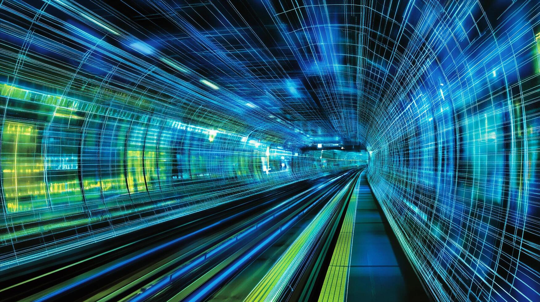 Futuristic tunnel with vibrant blue and green hues. High-speed travel, abstract, modern, and technologically advanced transportation. photo