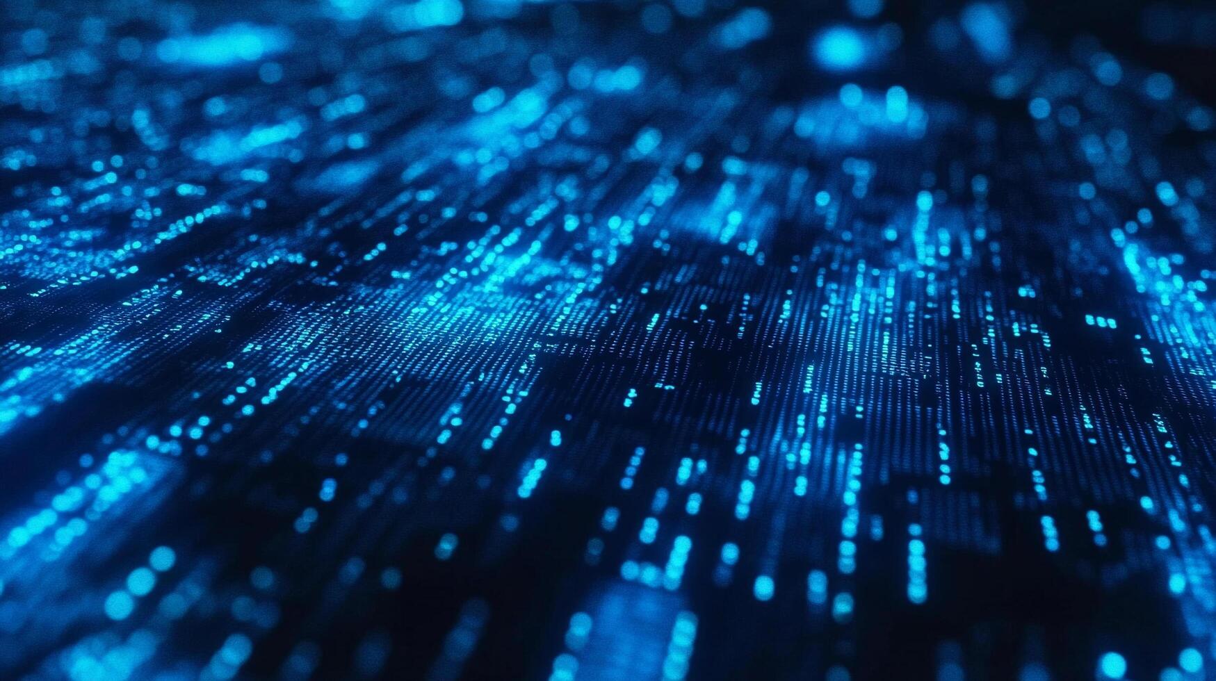 A mesmerizing display of vibrant blue lights intricately arranged, resembling a complex digital network or technological landscape. photo
