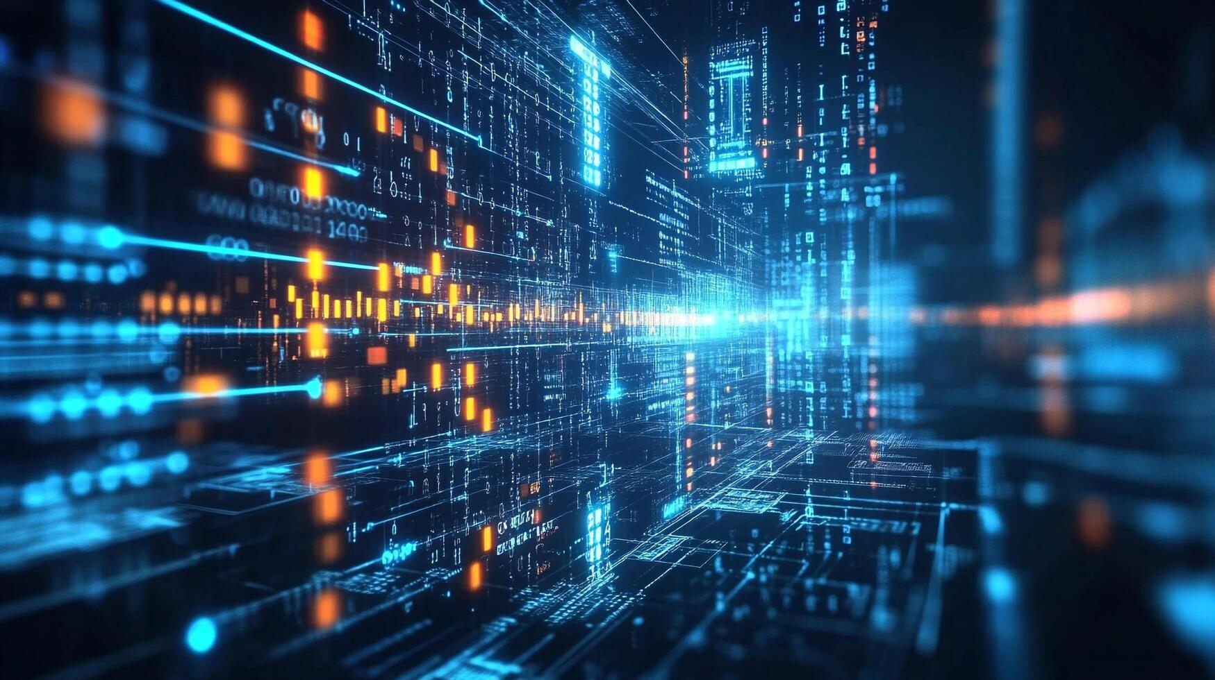 Abstract digital network with vibrant blue and orange lights, showcasing connectivity and complex data flow. Tech concept photo