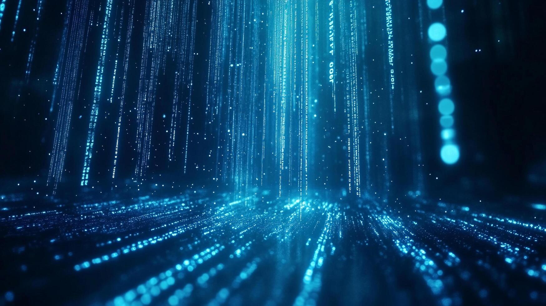 Illuminated blue data streams flow across a dark digital landscape, conveying the abstract beauty of technology and information. photo
