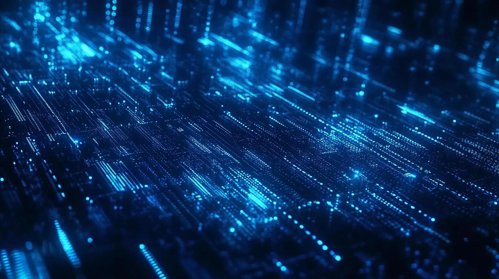 A vibrant blue matrix of light streaks and particles converging, reminiscent of data streams and digital processing in a technological network. photo