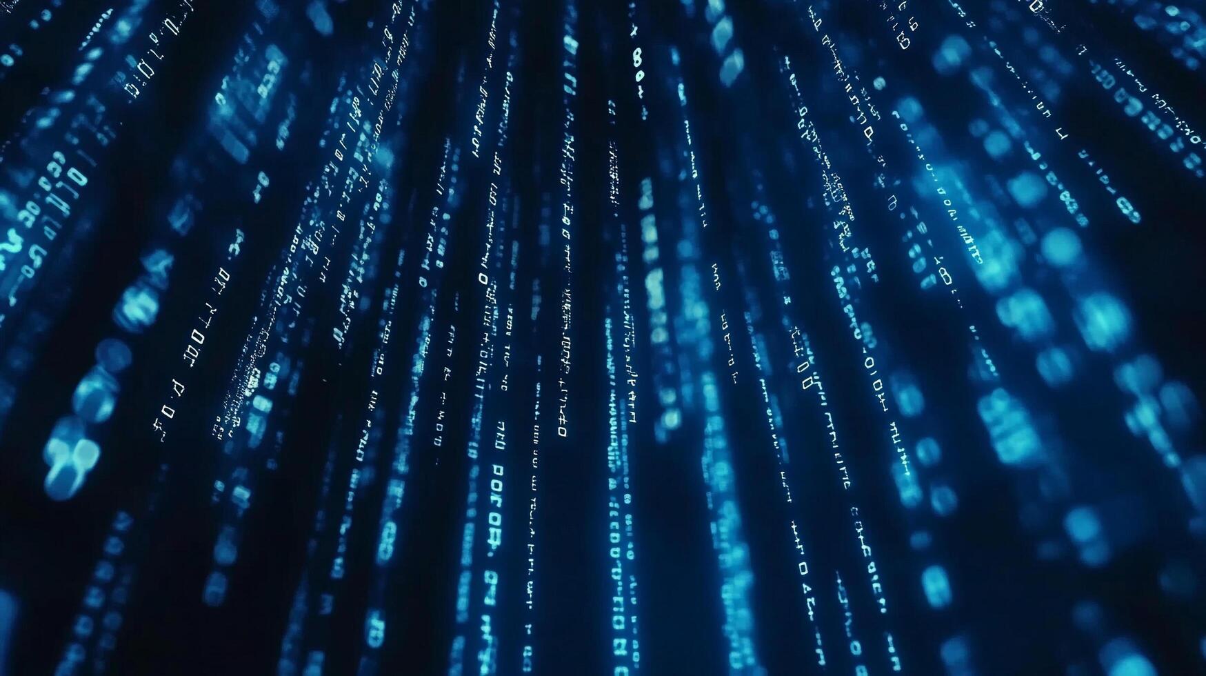 Abstract digital rain falling down with blue glowing symbols and binary code representing data streams and futuristic technology. photo