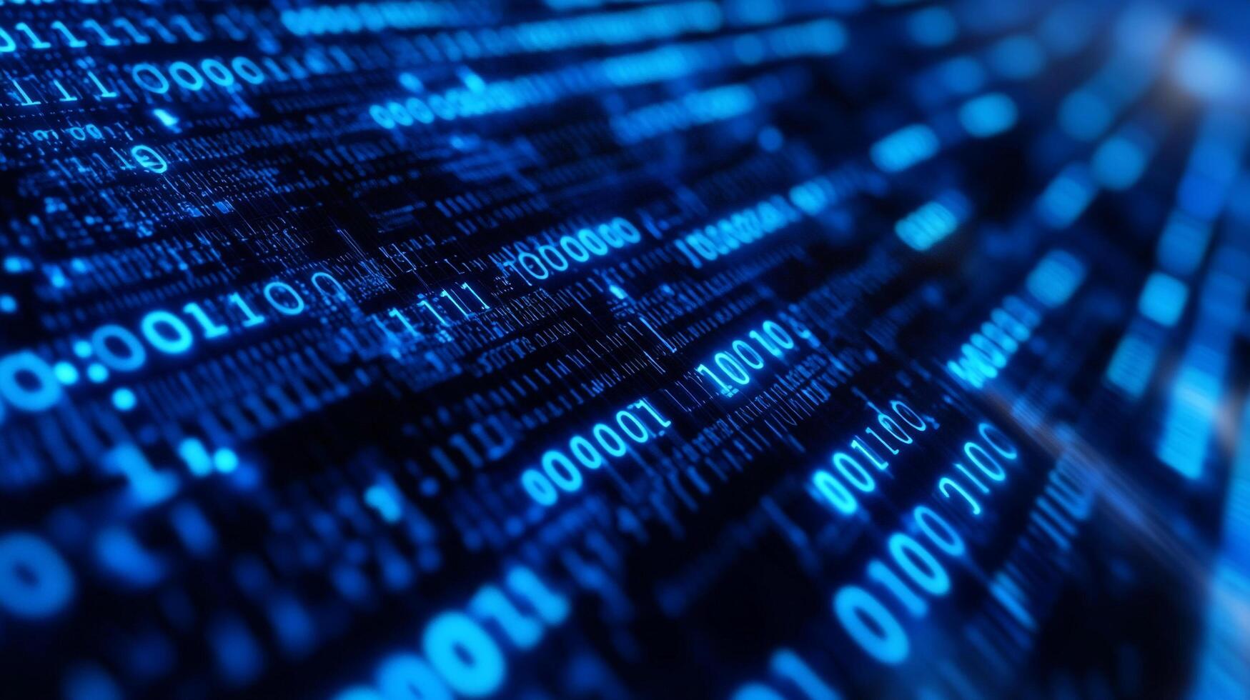 Blue binary code illuminates the digital landscape, creating a sense of futuristic technology and information flow. photo