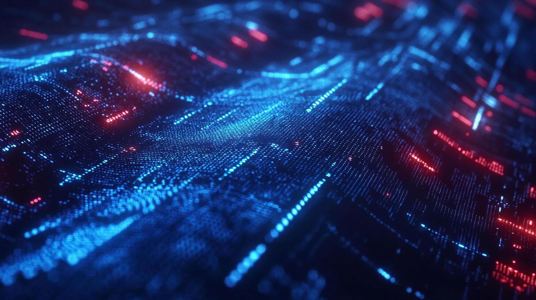 Digital abstract of textured blue landscape with dynamic red and blue lights evokes technology, data, and futuristic design. photo