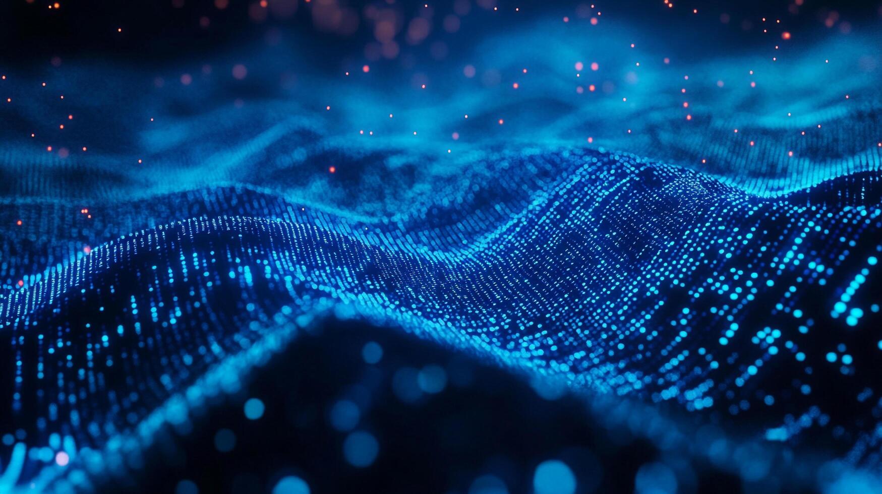 Abstract digital wave pattern, composed of glowing blue particles on a dark background, creating a futuristic and dynamic visual landscape. photo