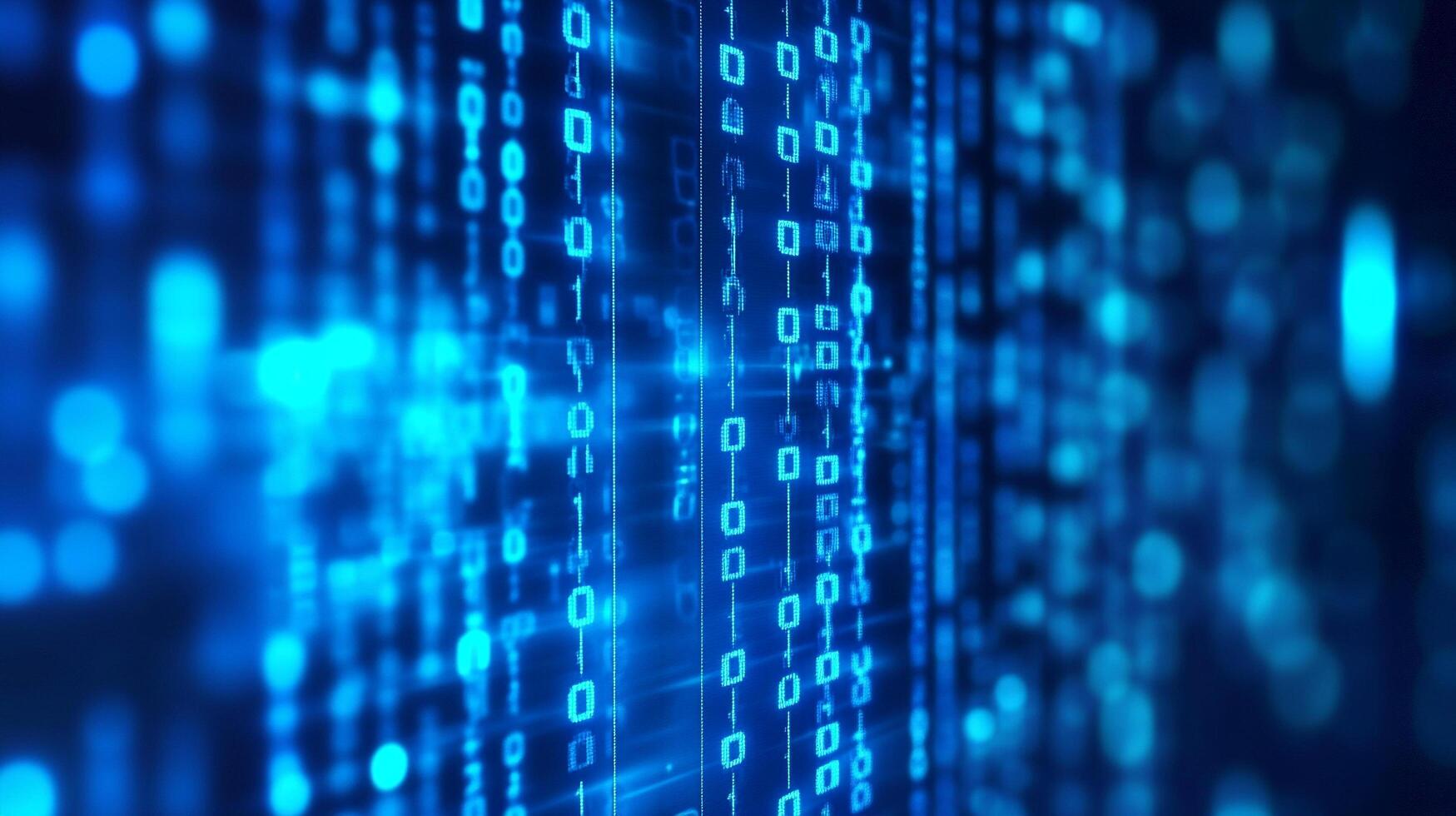 Abstract digital streams of 0 and 1 numbers in vibrant blue, depicting computer data, coding, and technological advancement. photo