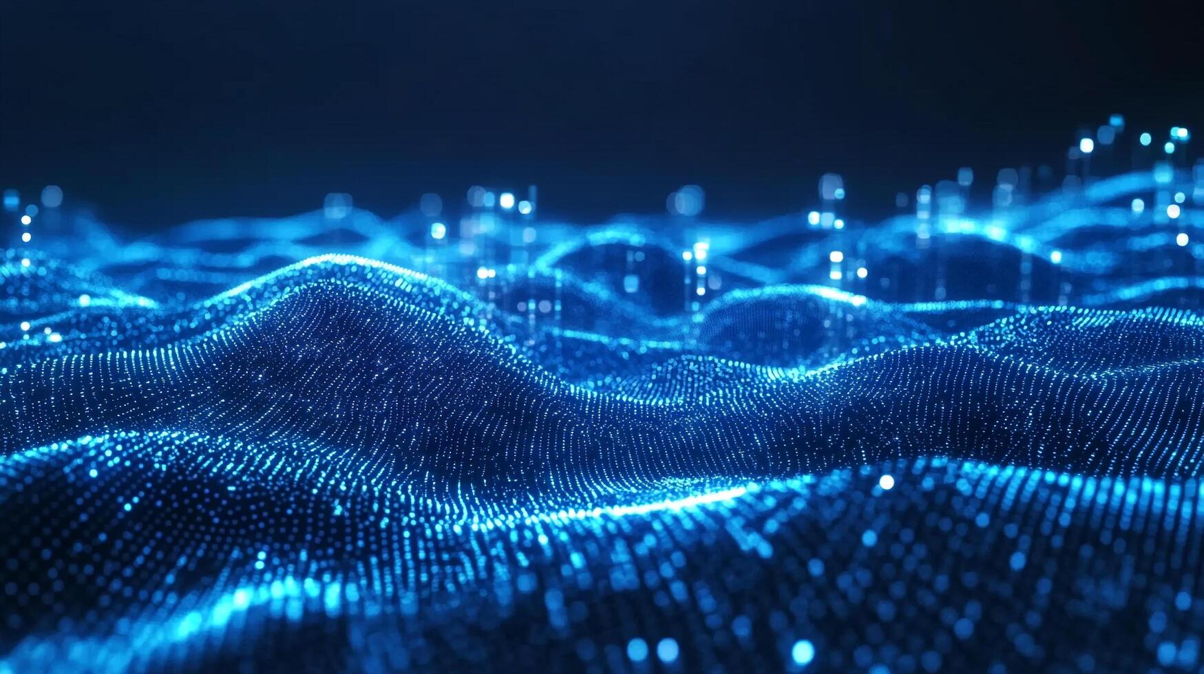 Abstract, flowing blue data landscape with glowing nodes. Digital networking and data streams create dynamic, futuristic visuals. photo