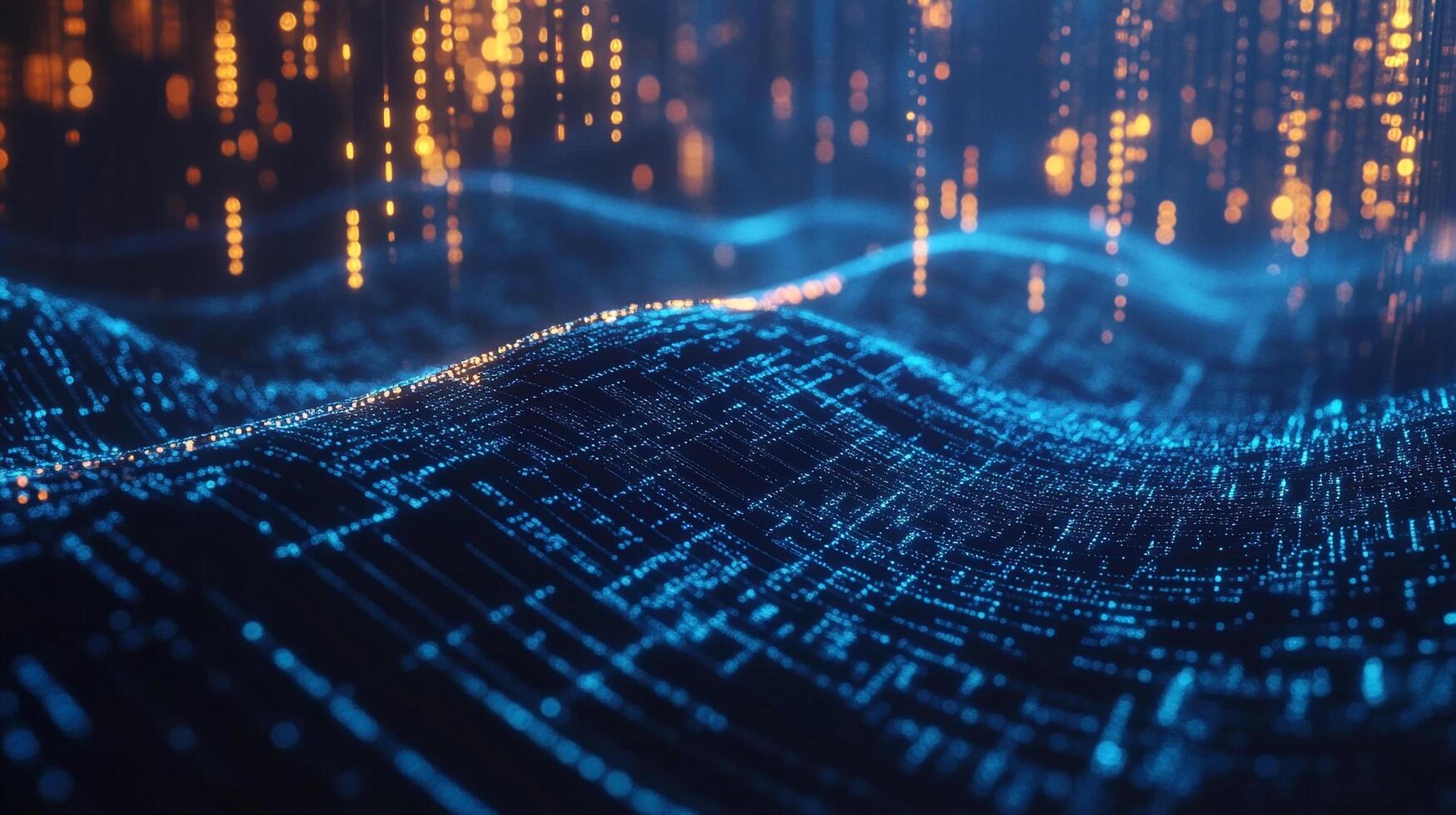 Abstract data landscape with glowing orange and blue lights creating depth and form, suggestive of technology and digital networks. photo