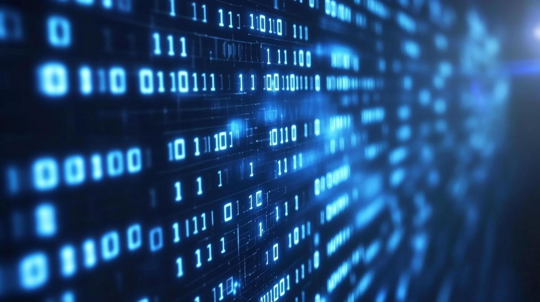 Abstract digital display of binary code, ones and zeros, glowing blue, representing data, information and computing processing. photo