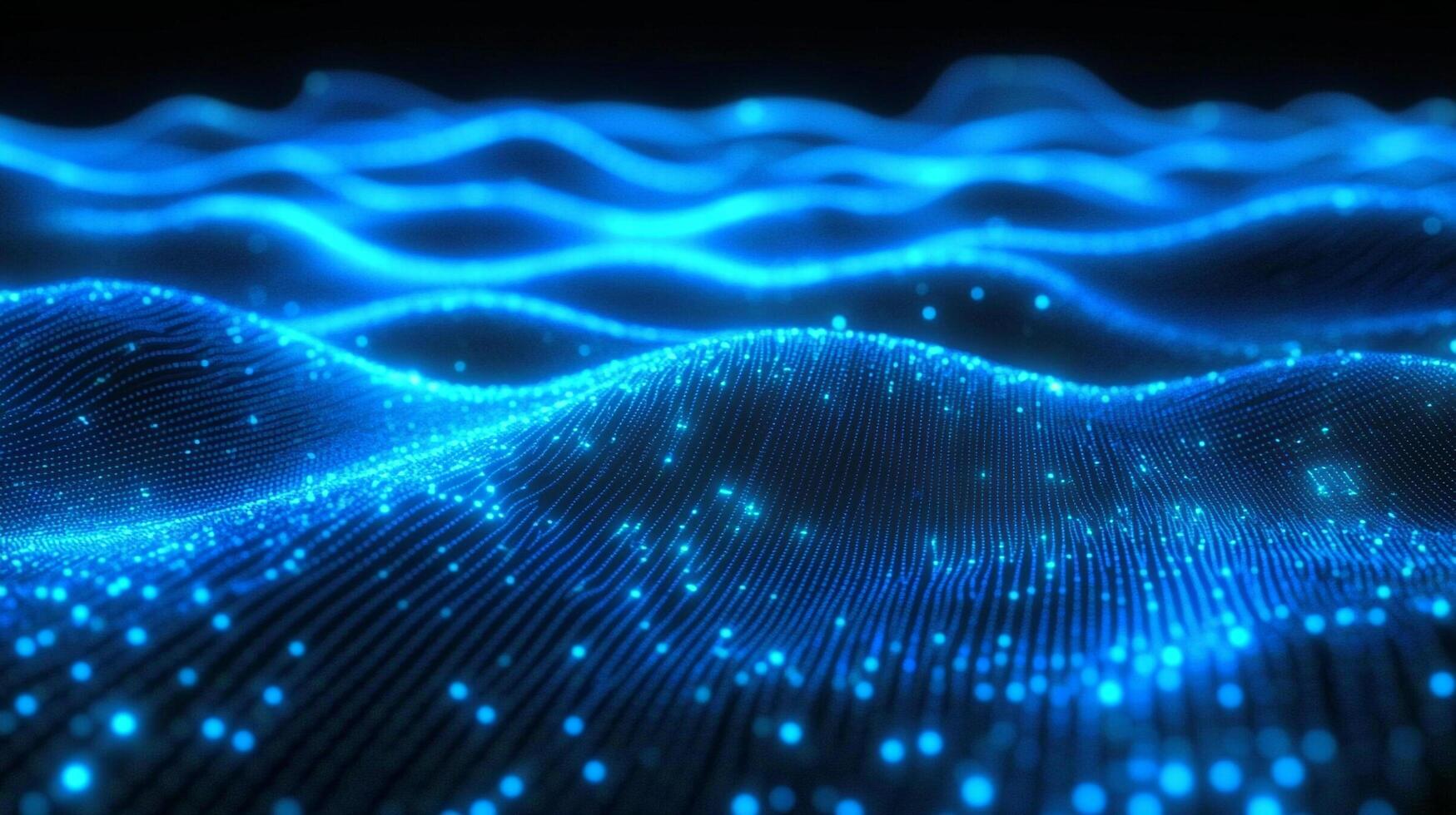 Abstract blue glowing waves, representing technology, digital data flow, or a futuristic landscape with energy or light trails. photo