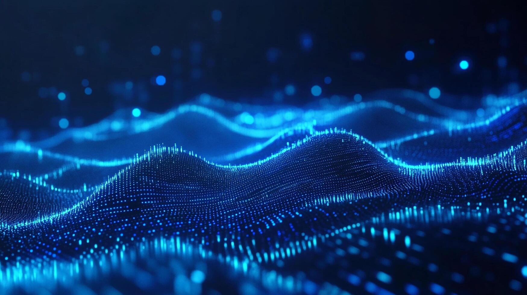 Blue dotted grid forming undulating waves. Futuristic, technological aesthetic with glowing particles resembling digital topography. photo