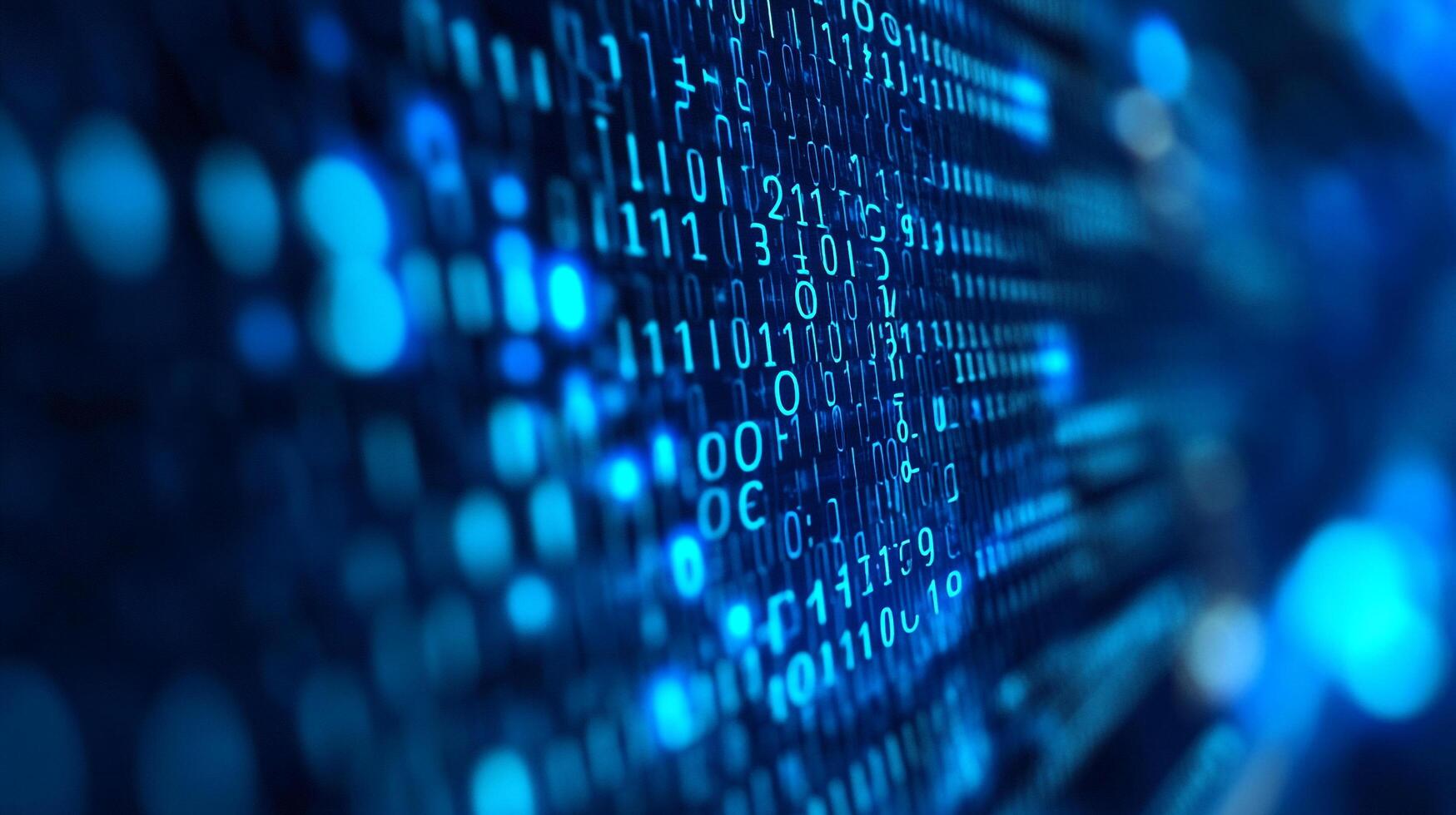 Binary code streams in glowing blue, representing data processing, information networks, and the digital frontier. Information age concept. photo