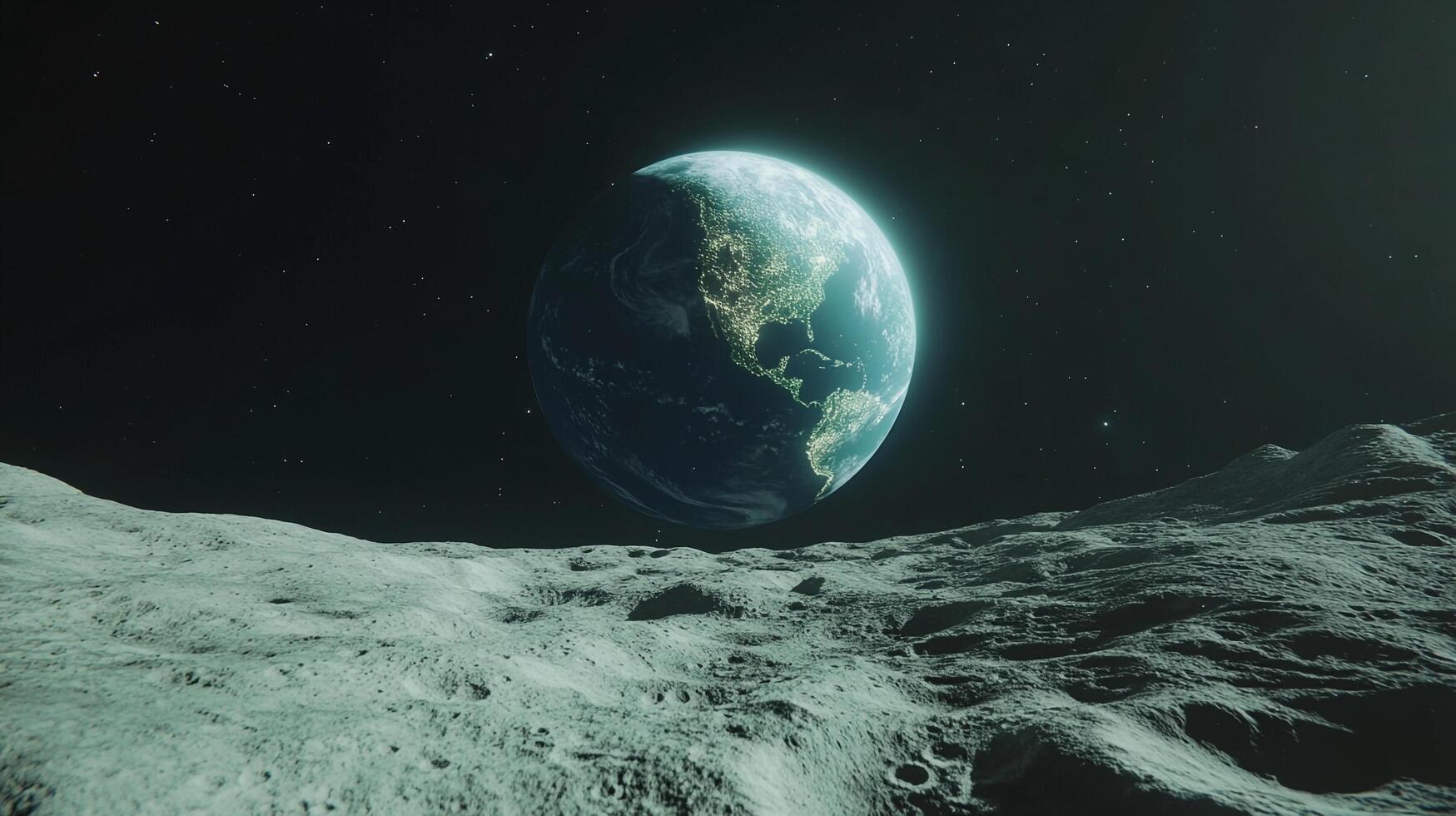View of Earth from the Moon. The desolate lunar landscape contrasts sharply with Earth's vibrant colors suspended in the blackness of space. photo