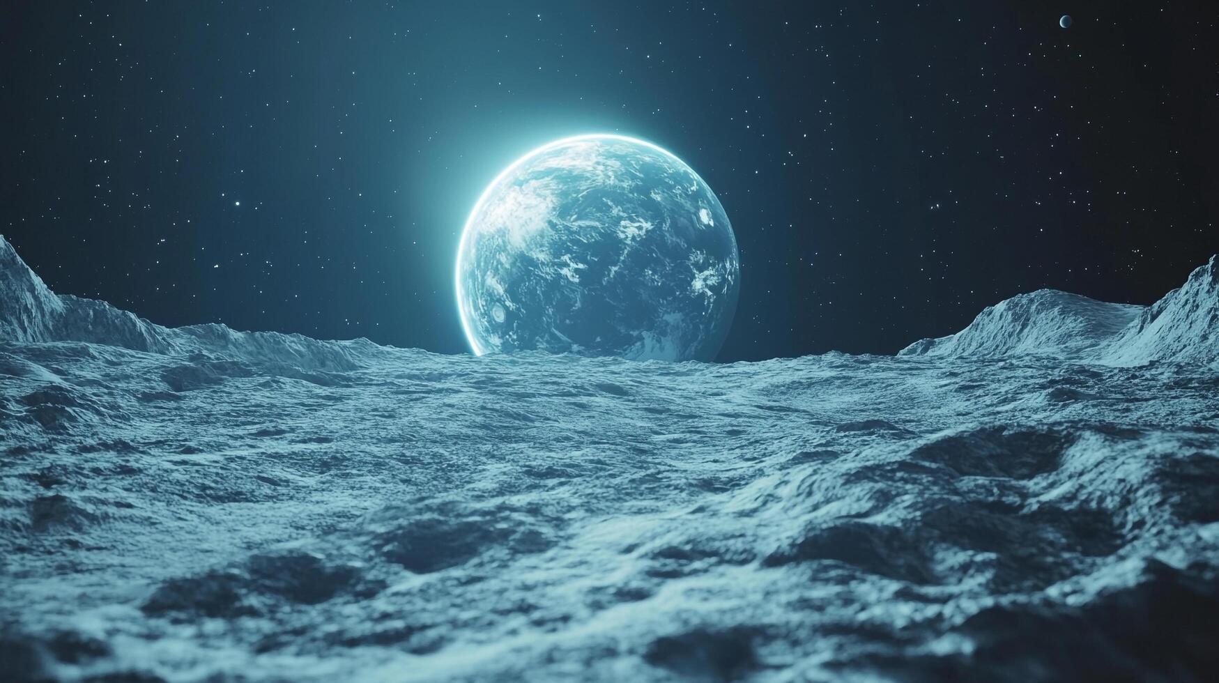 A serene view from a lunar surface, featuring a vibrant blue planet dominating the starry sky, a beautiful depiction of space exploration photo
