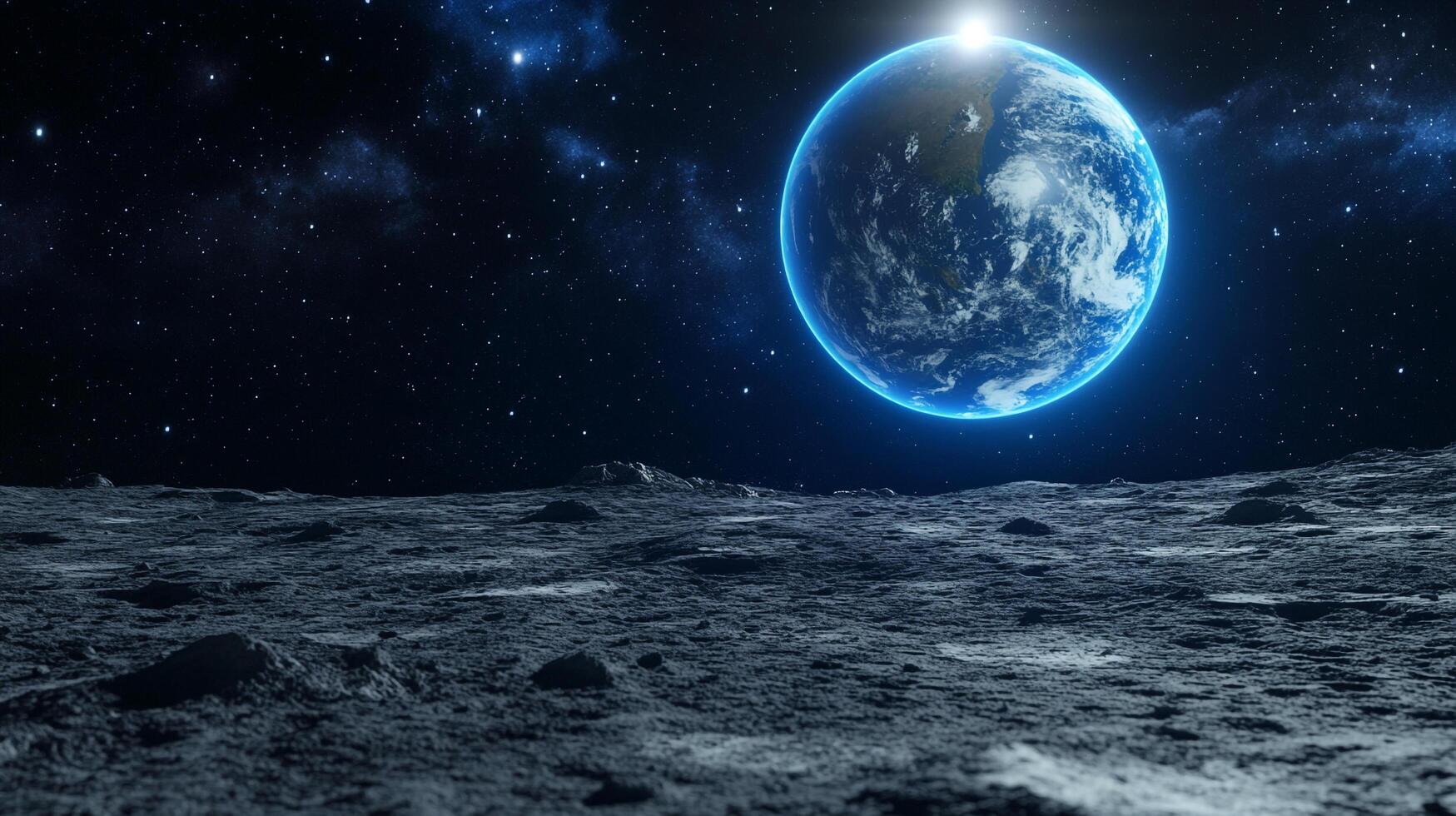 A stunning view from the lunar surface featuring a vibrant Earth prominently in the dark sky, with the sun rising over its atmosphere. photo