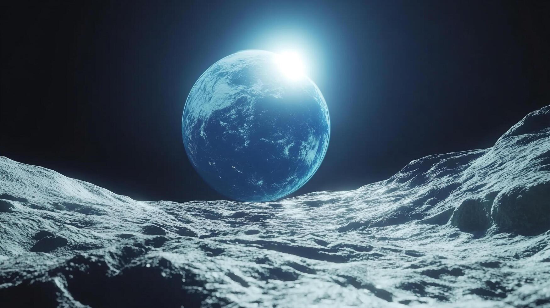 A celestial scene unfolds with a terrestrial globe looming over a stark, lunar landscape under a radiant glow. Outerworldly vista. photo