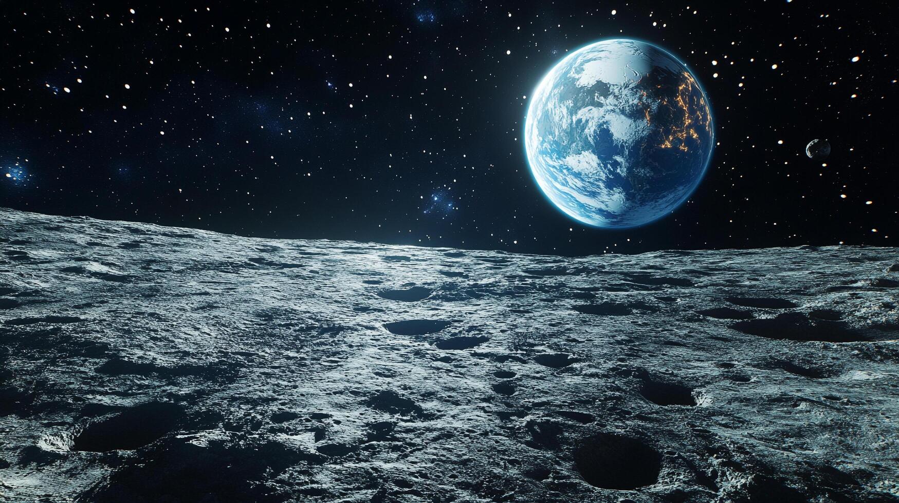 Lunar surface with distant planet. Craters, gray texture, night sky. Stars scattered in dark backdrop. Serene cosmic vista. photo