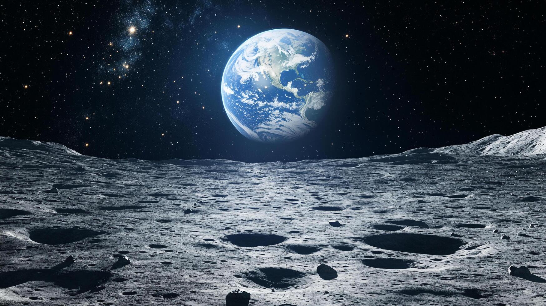 Earth from the moon surface, surrounded by the stars of cosmos. Horizon of gray terrain with pits. Space exploration and discovery. photo