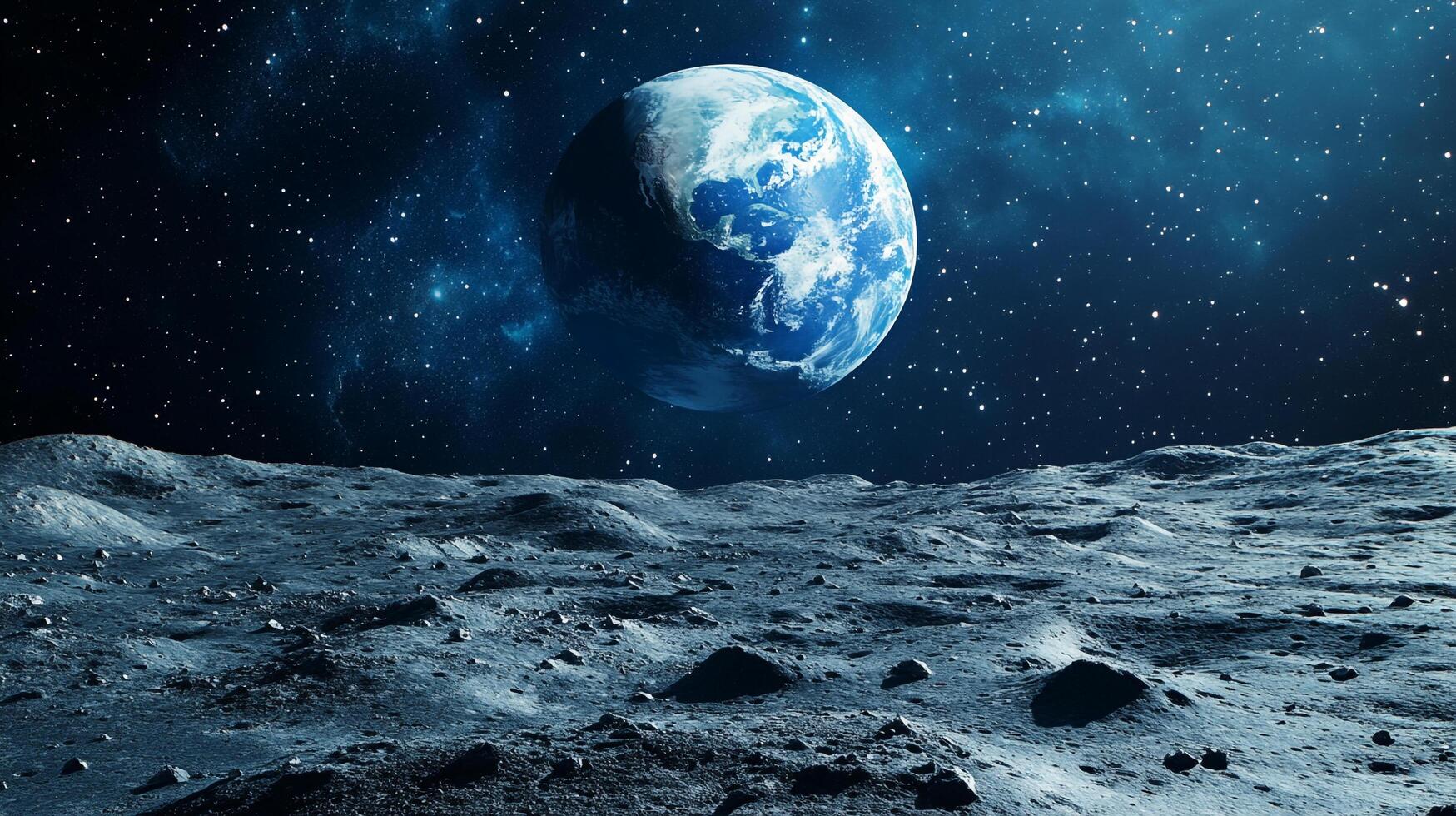 Earth from a gray, desolate moonscape under a sky full of stars. A distant planet looms in the cosmic expanse above the lunar surface. photo