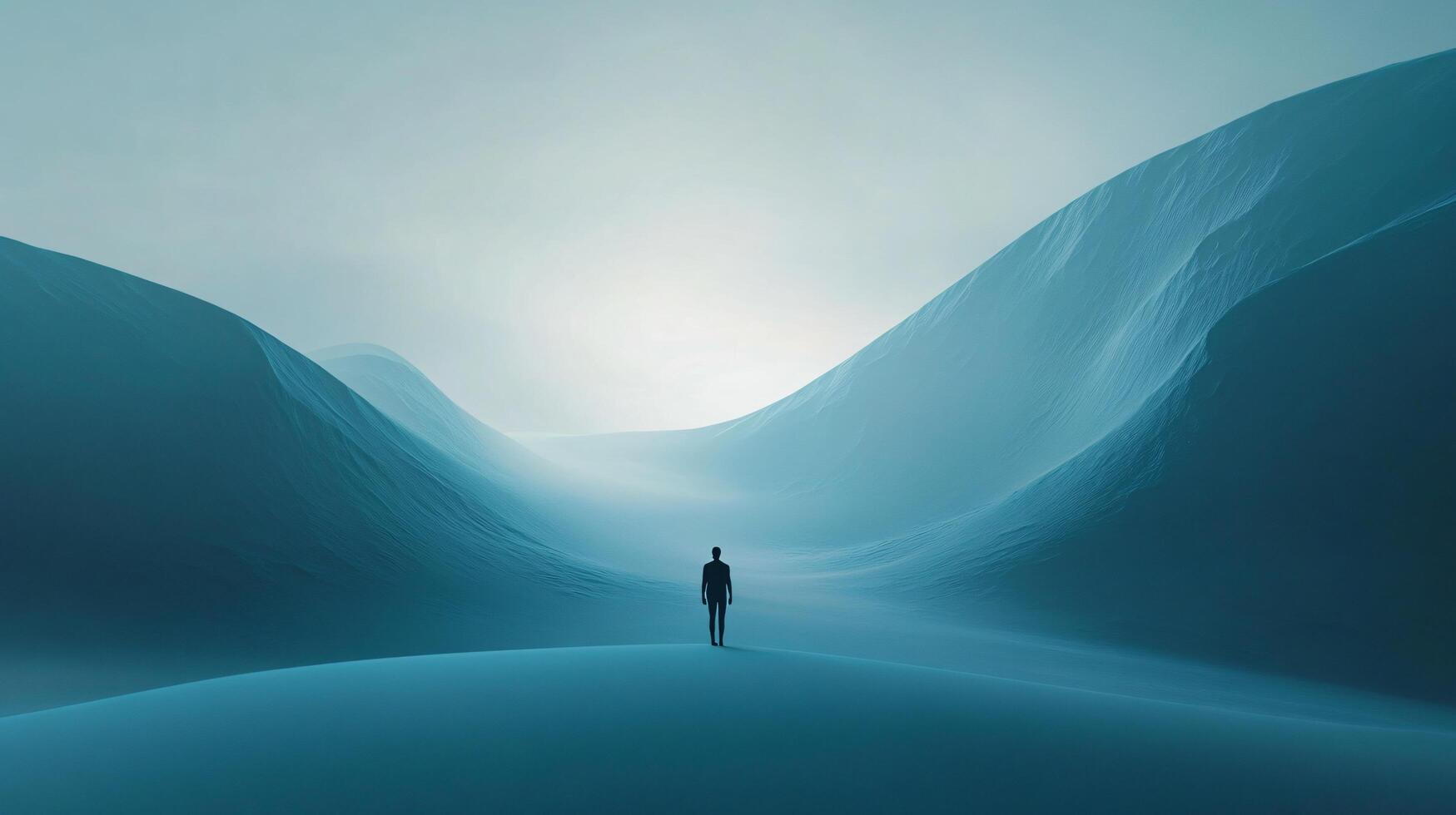 Surreal landscape featuring a man walking in a blue desert towards a bright light photo