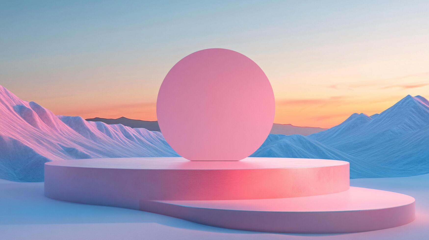 Pink podium displaying circle against pastel desert sunset sky and mountain background, perfect for showcasing products photo