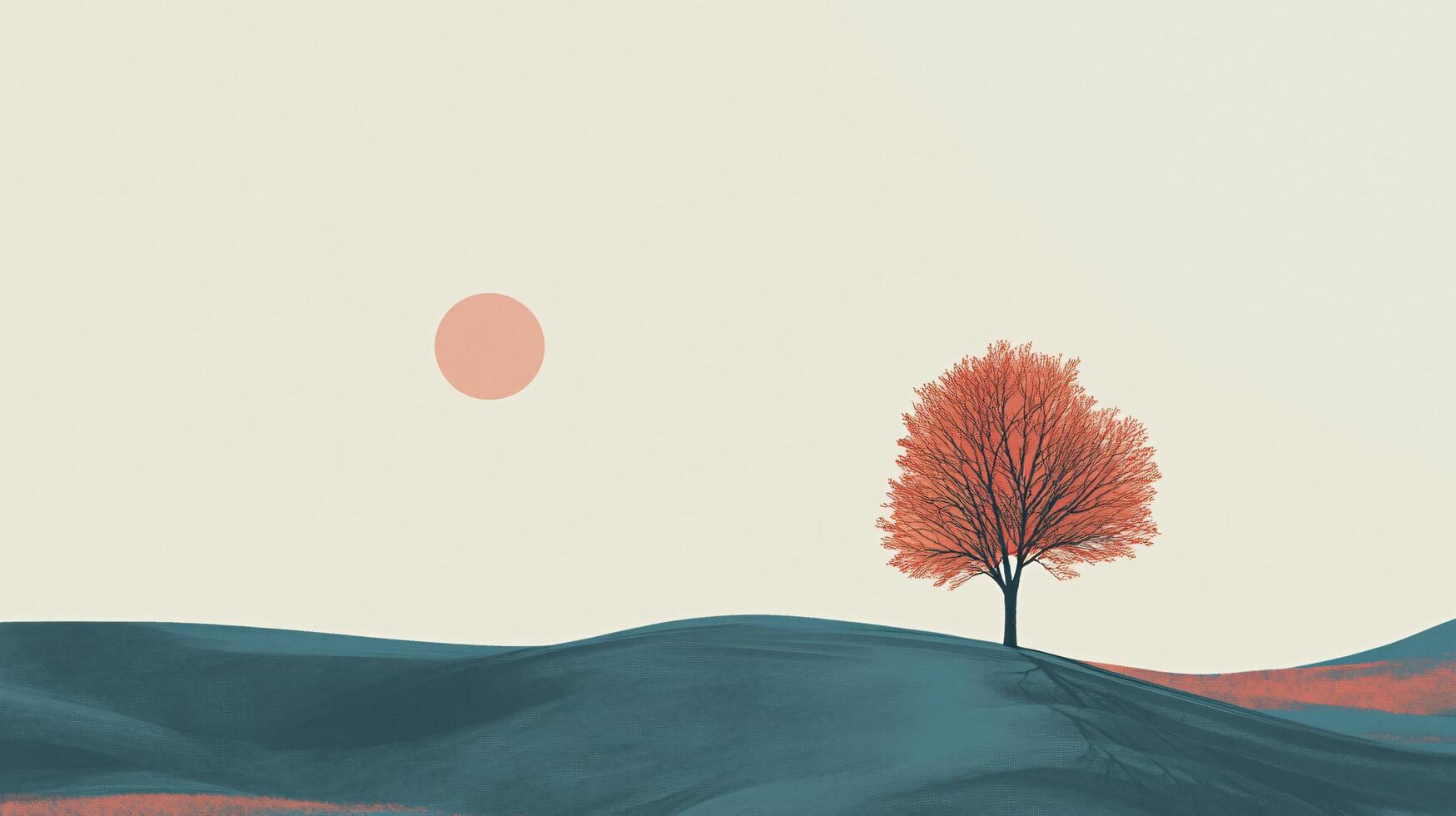 Minimalist landscape featuring a solitary red tree on rolling hills, illuminated by a large sun in a serene, artistic representation of nature photo